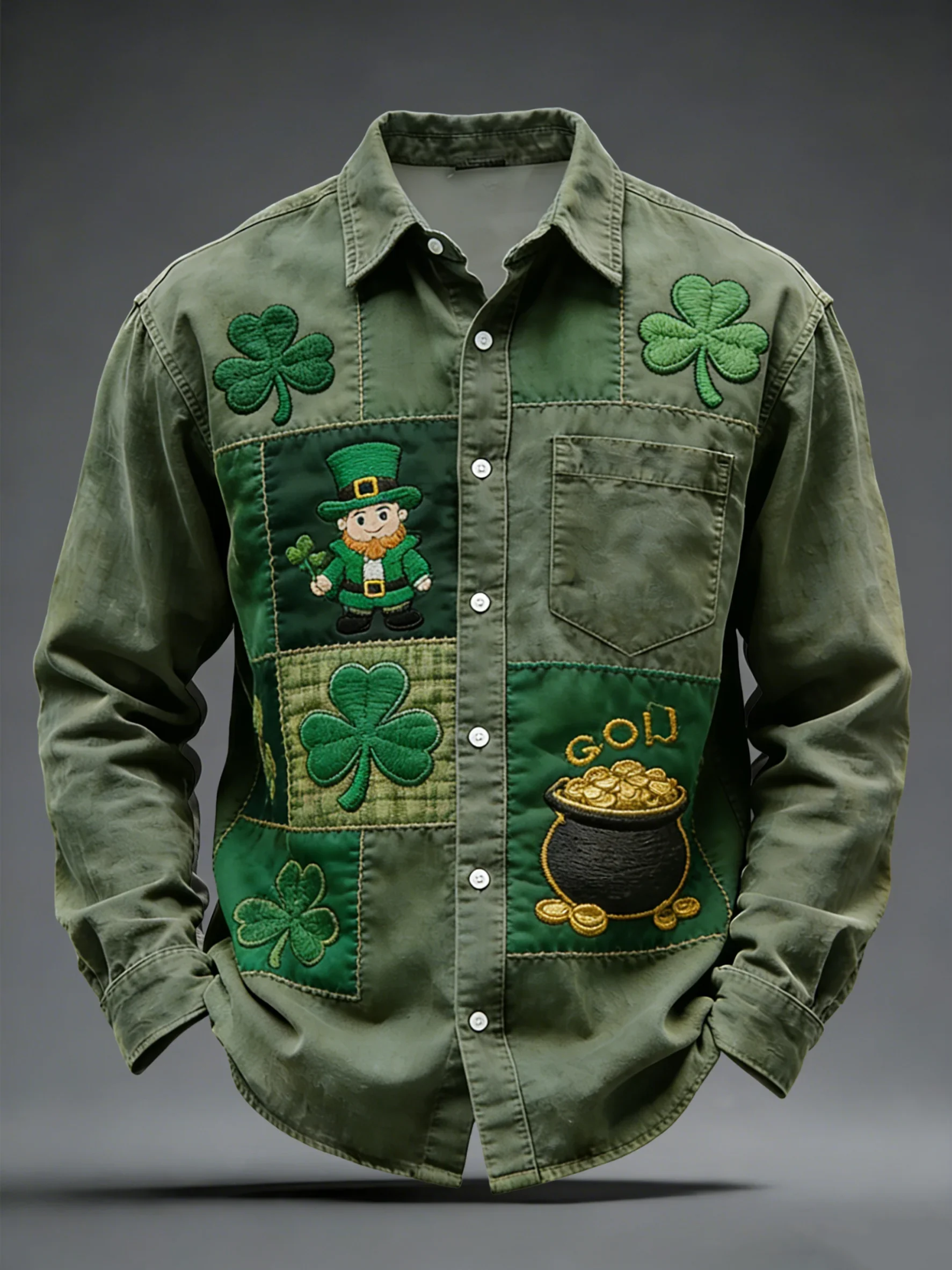 Men's St. Patrick's Day Printed Long-Sleeve Pocket Shirt