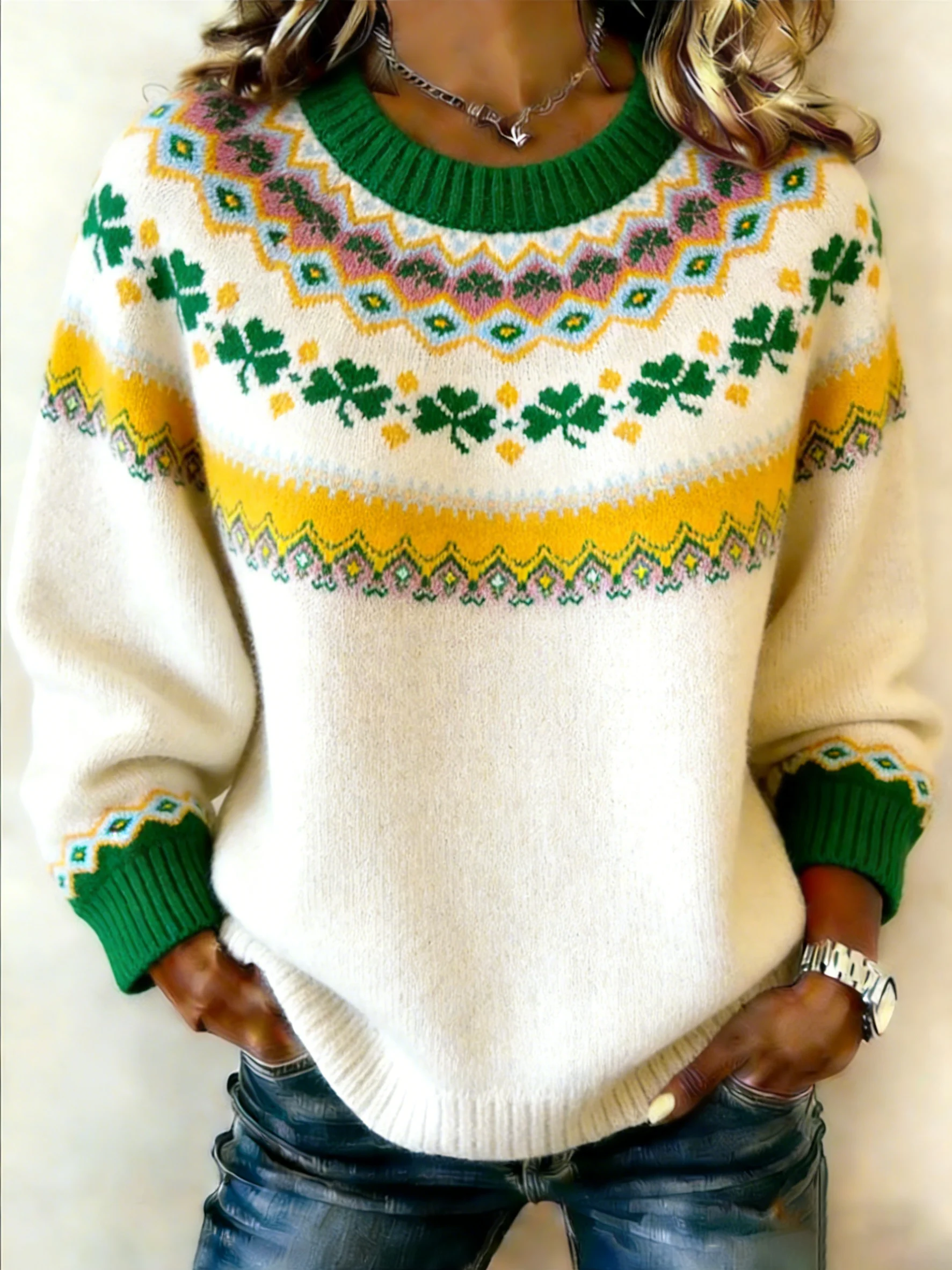 Women's St. Patrick's Day Print Knit Crew Neck Long Sleeve Top