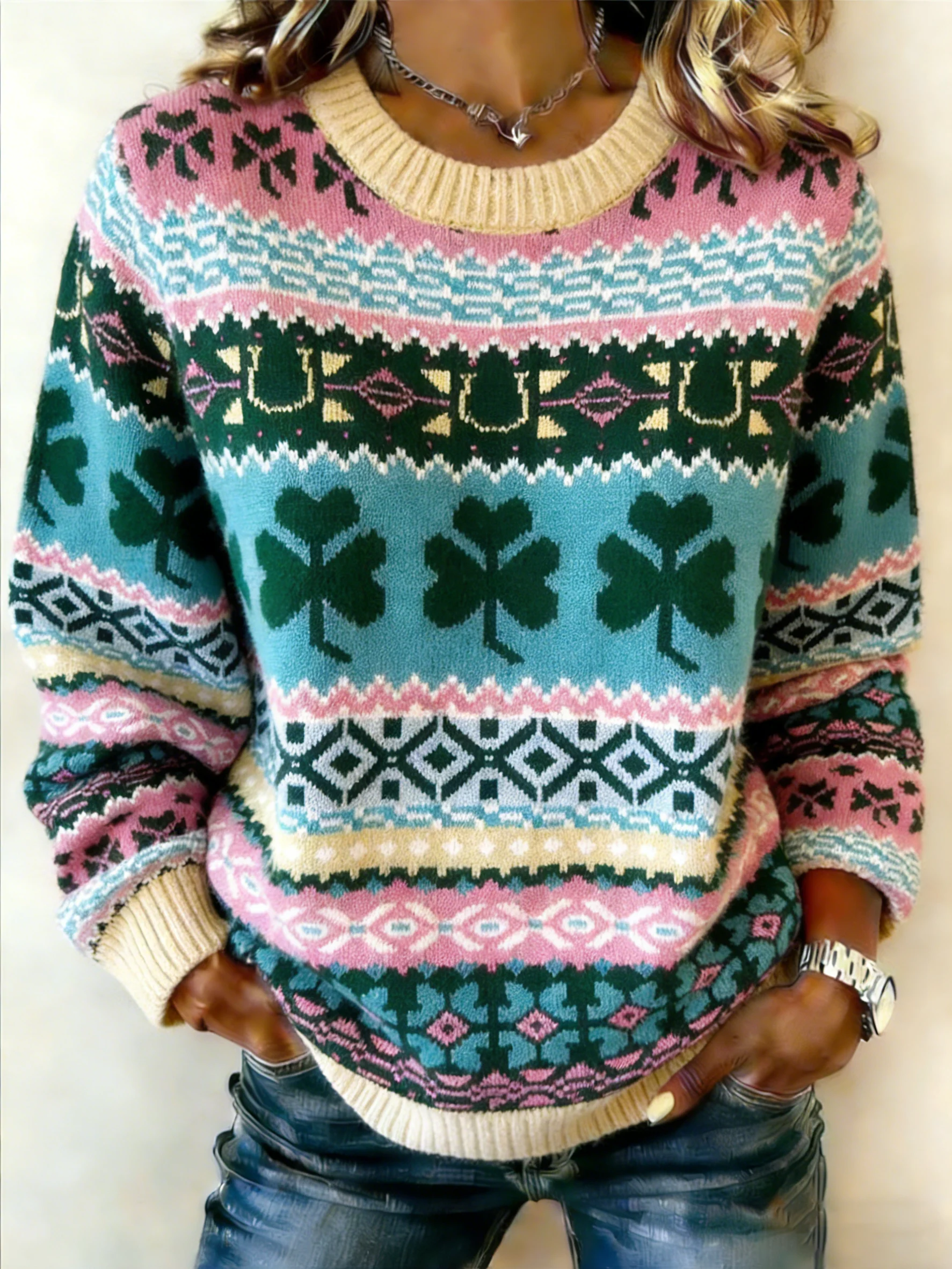 Women's St. Patrick's Day Print Knit Crew Neck Long Sleeve Top