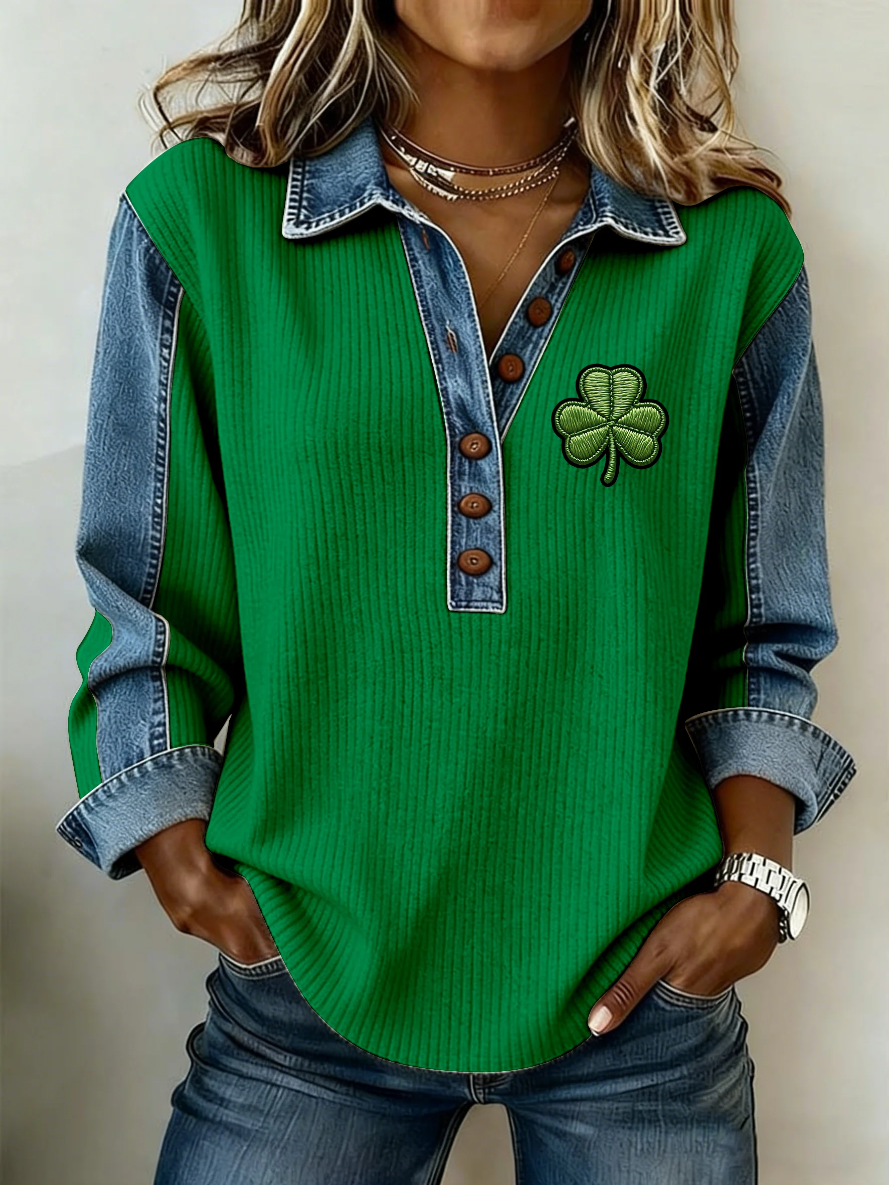 Women's St. Patrick's Day Printed Collar Button-Down Knit Top