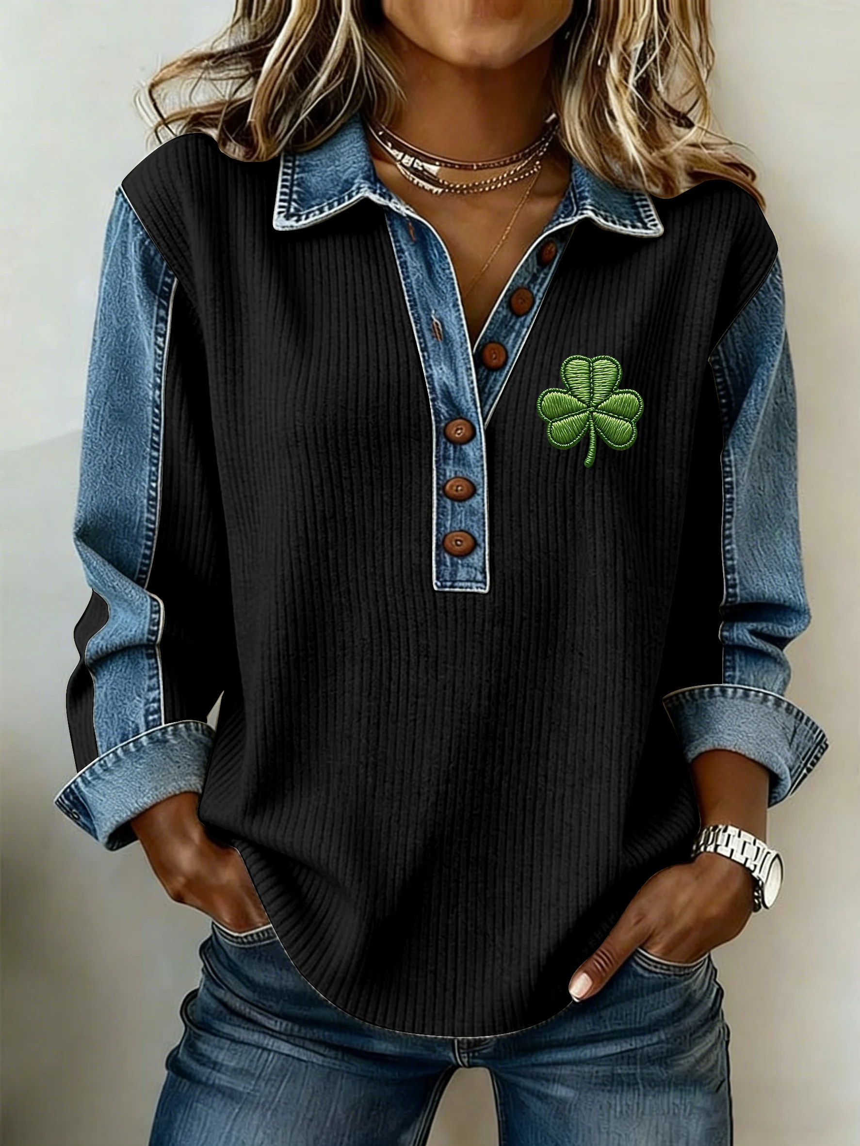 Women's St. Patrick's Day Printed Collar Button-Down Knit Top