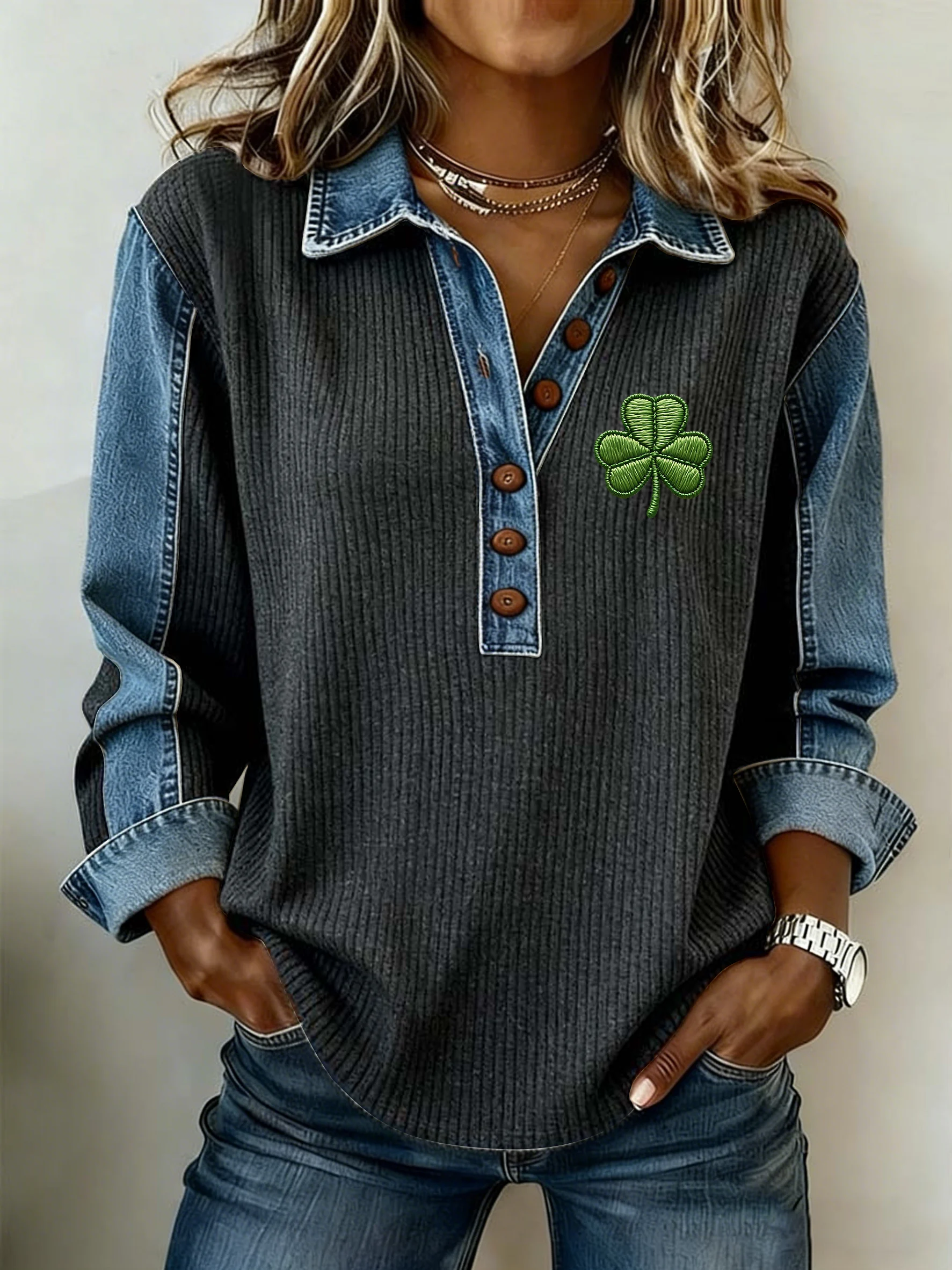 Women's St. Patrick's Day Printed Collar Button-Down Knit Top