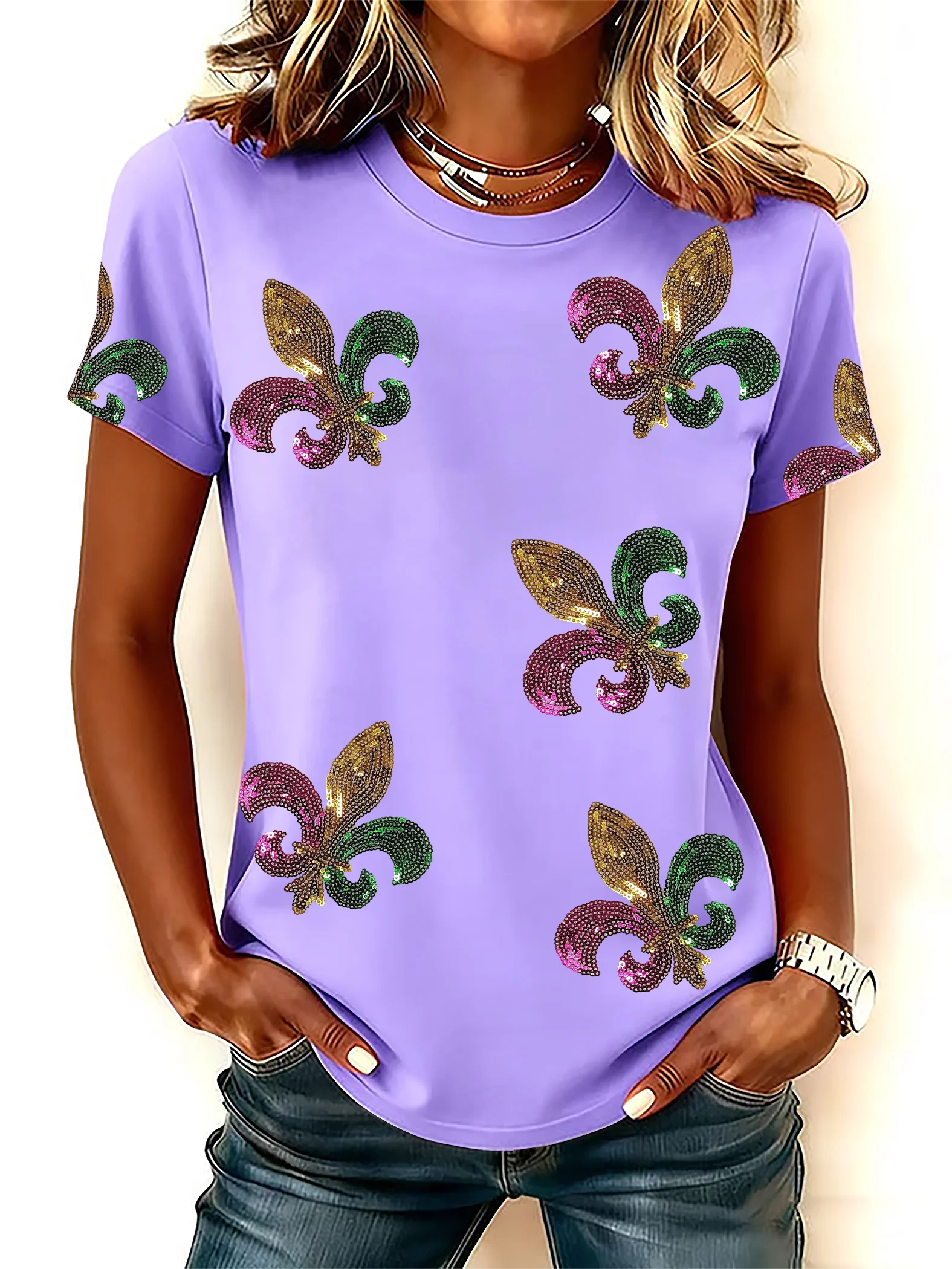 Women's Mardi Gras Print Round Neck T-Shirt
