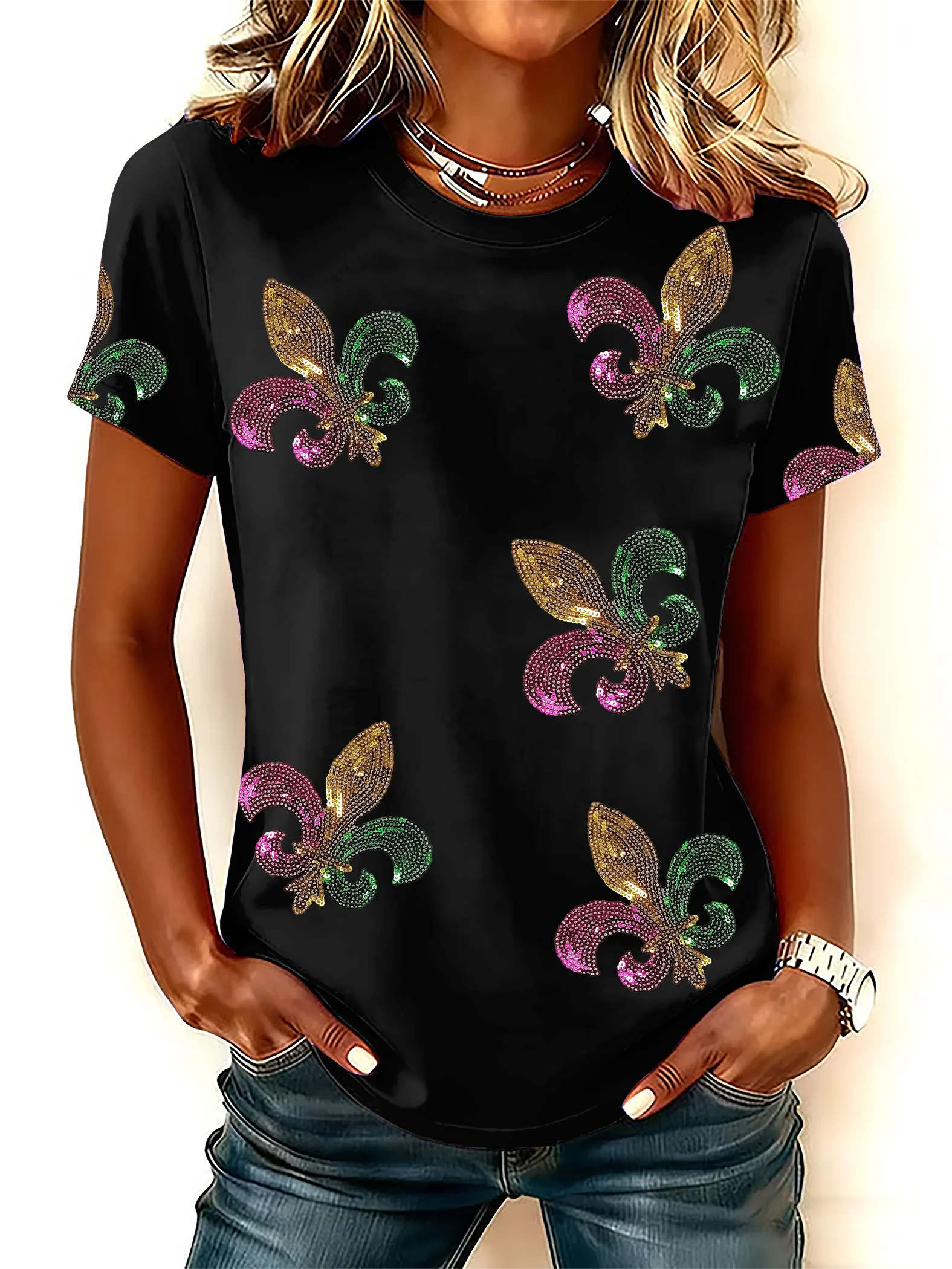 Women's Mardi Gras Print Round Neck T-Shirt