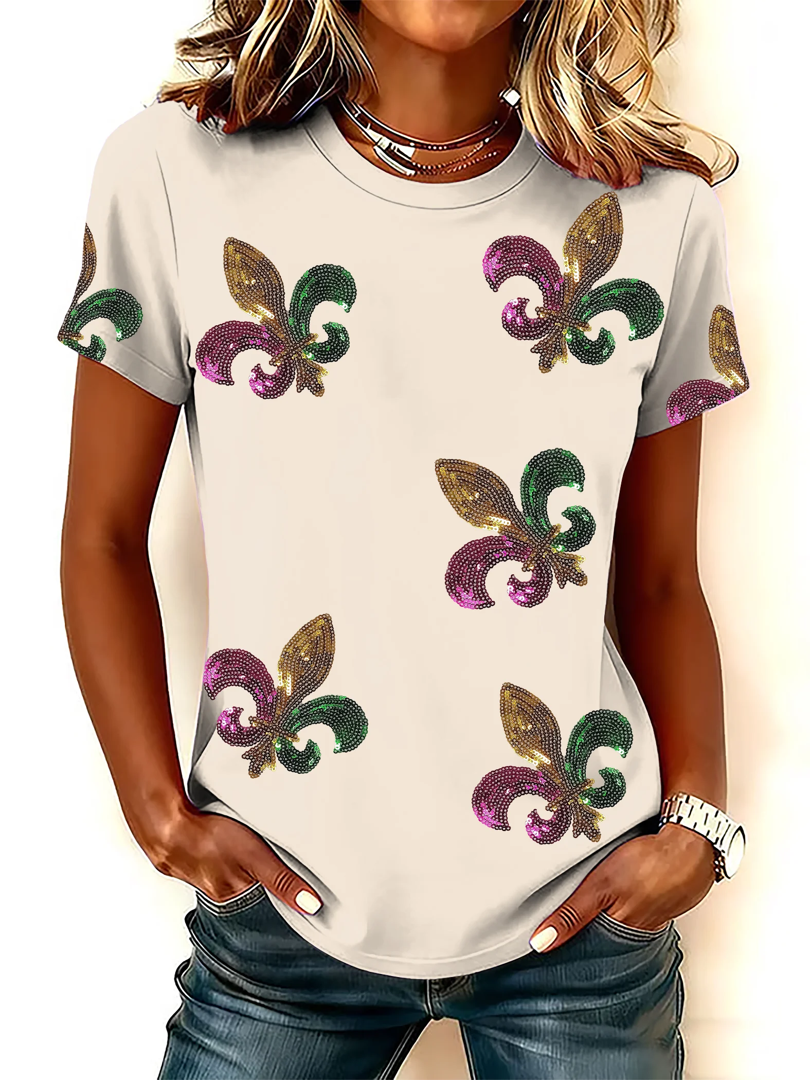 Women's Mardi Gras Print Round Neck T-Shirt