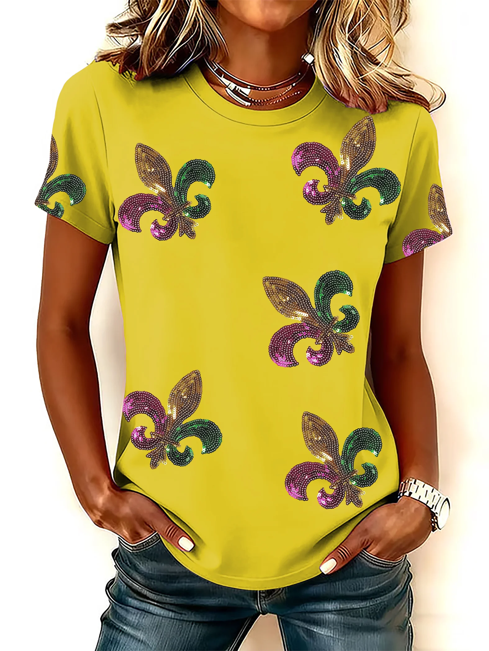 Women's Mardi Gras Print Round Neck T-Shirt