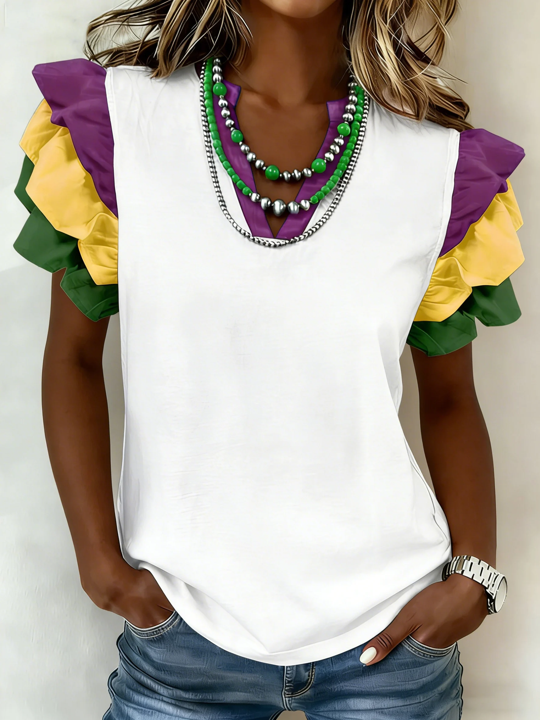 Women's Mardi Gras Printed Short-Sleeved T-Shirt
