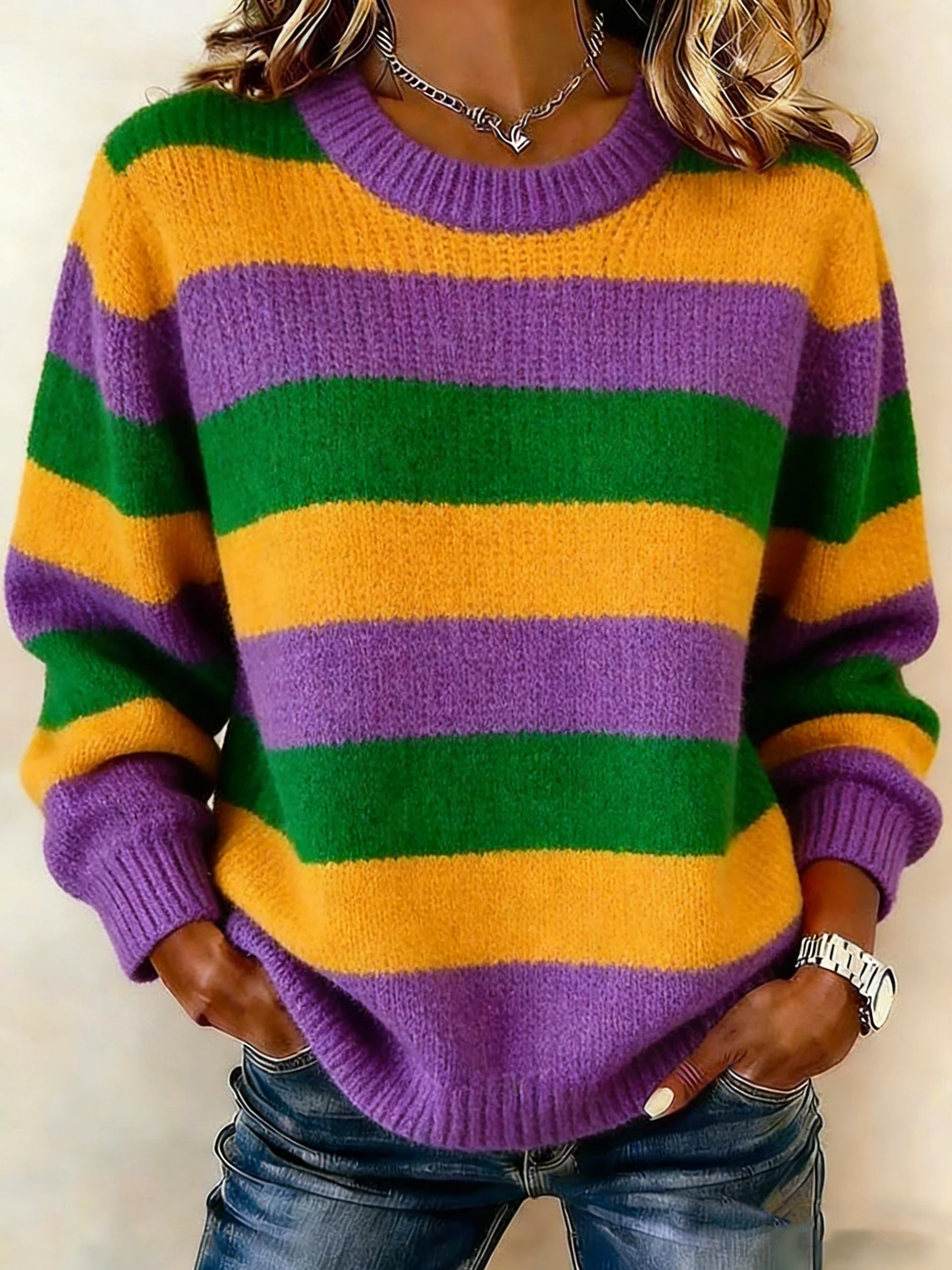 Women's Bayou Babe Stripe Mardi Gras Stripe Print Knit Sweater