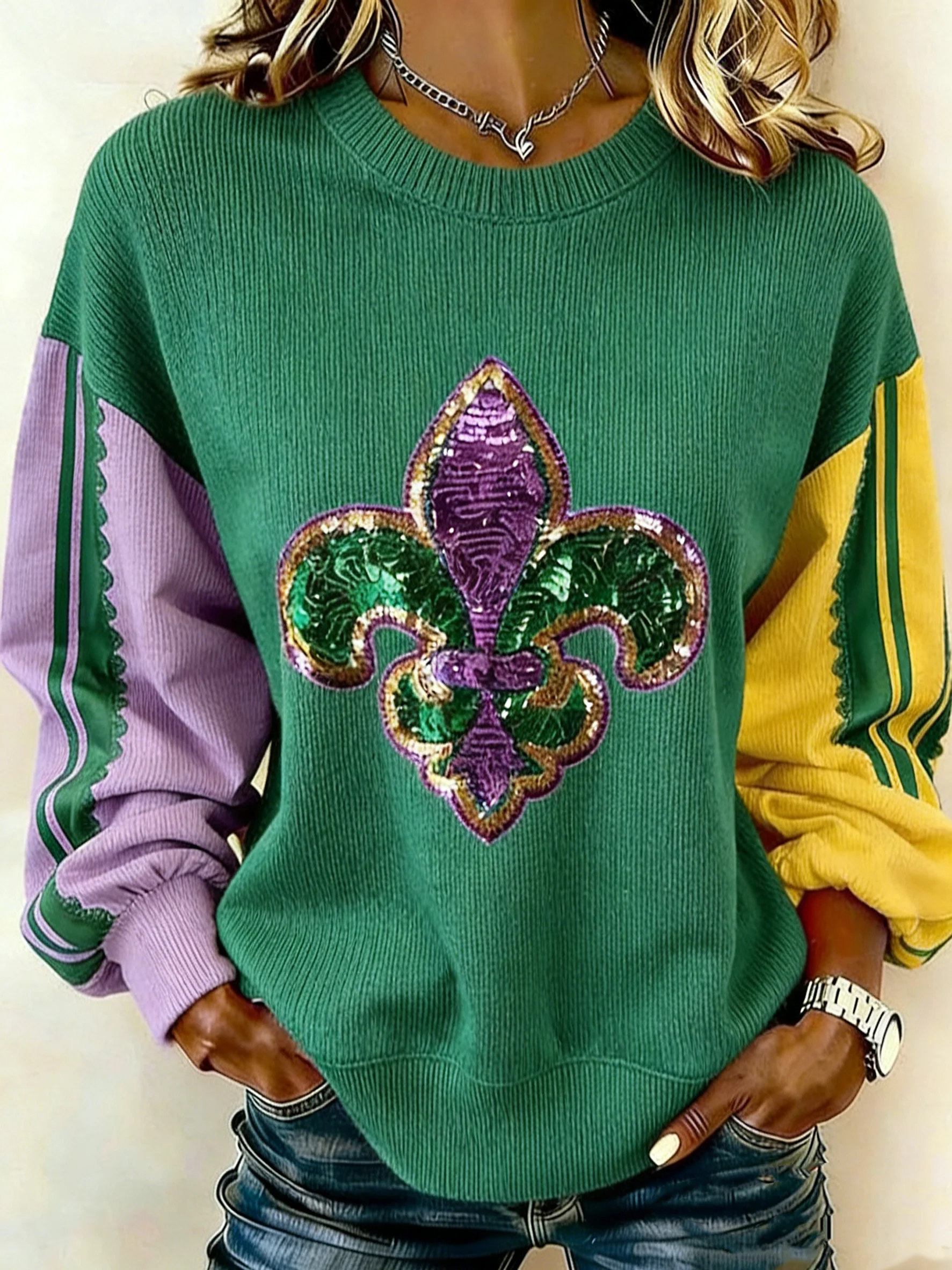 Women's Mardi Gras Queen of Carnival Print Knit Sweater