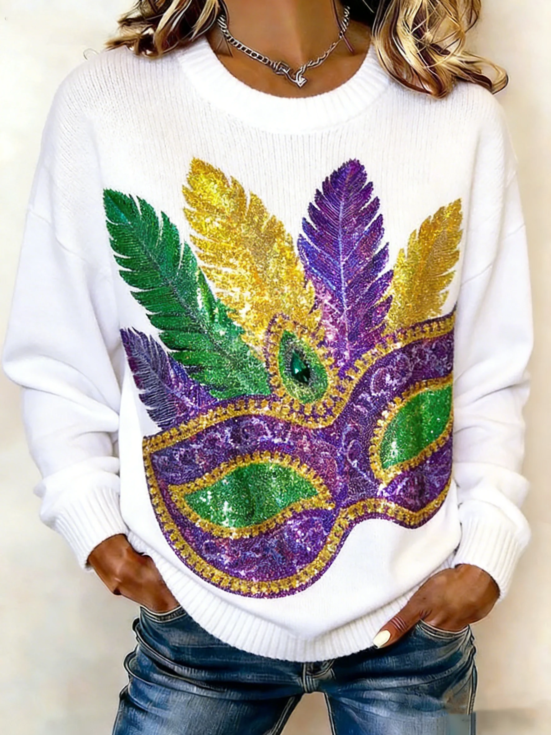 Women's Mardi Gras Mask Sequin Print Knit Sweater