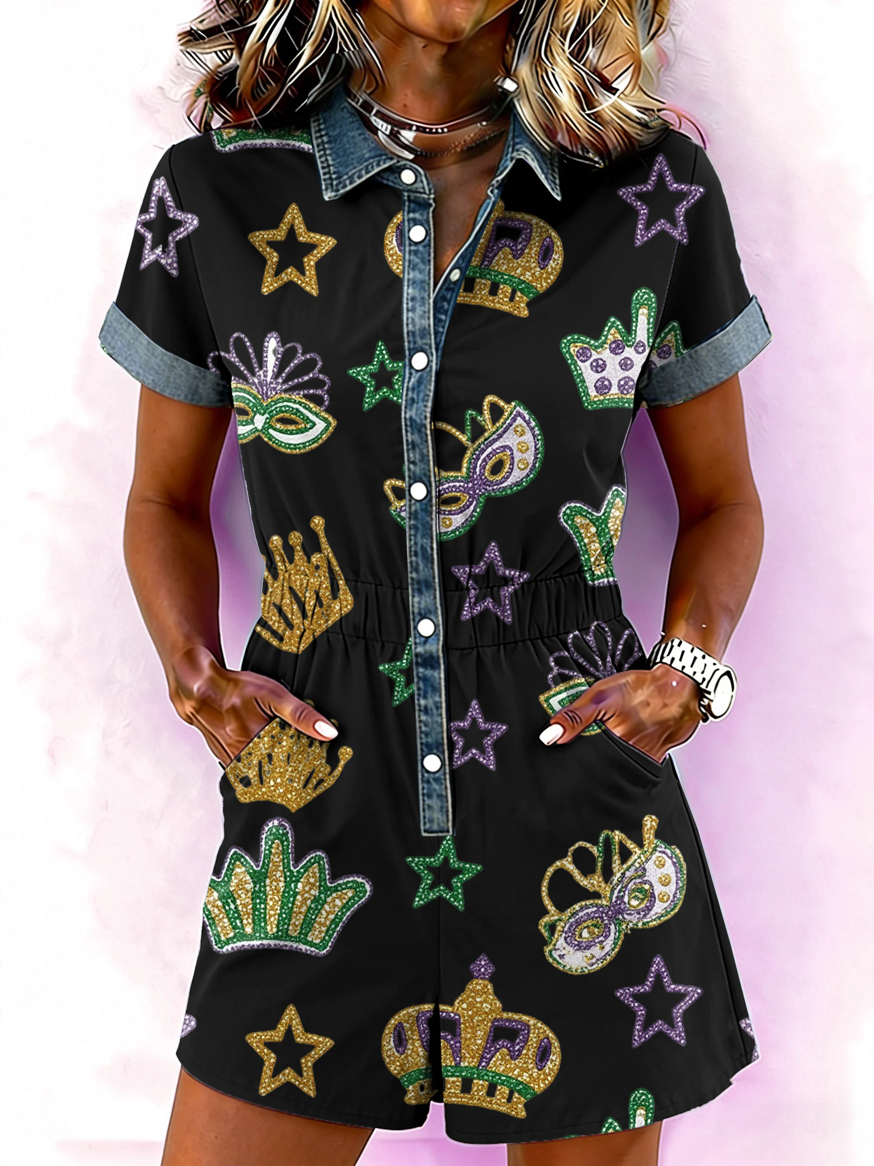 Women's casual Mardi Gras crown print jumpsuit