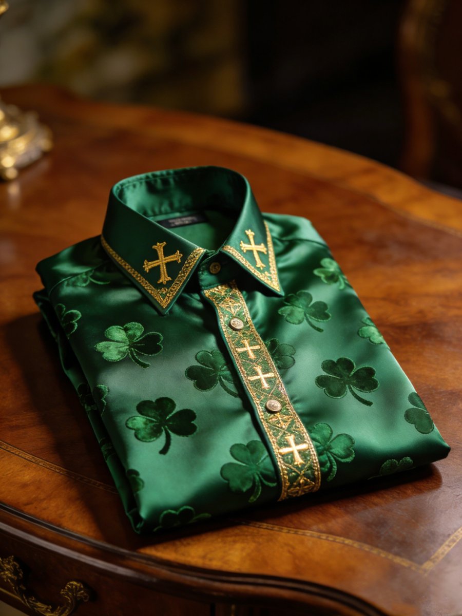 Men's Luxury St. Patrick's Day Shamrock Print Long-Sleeve Shirt