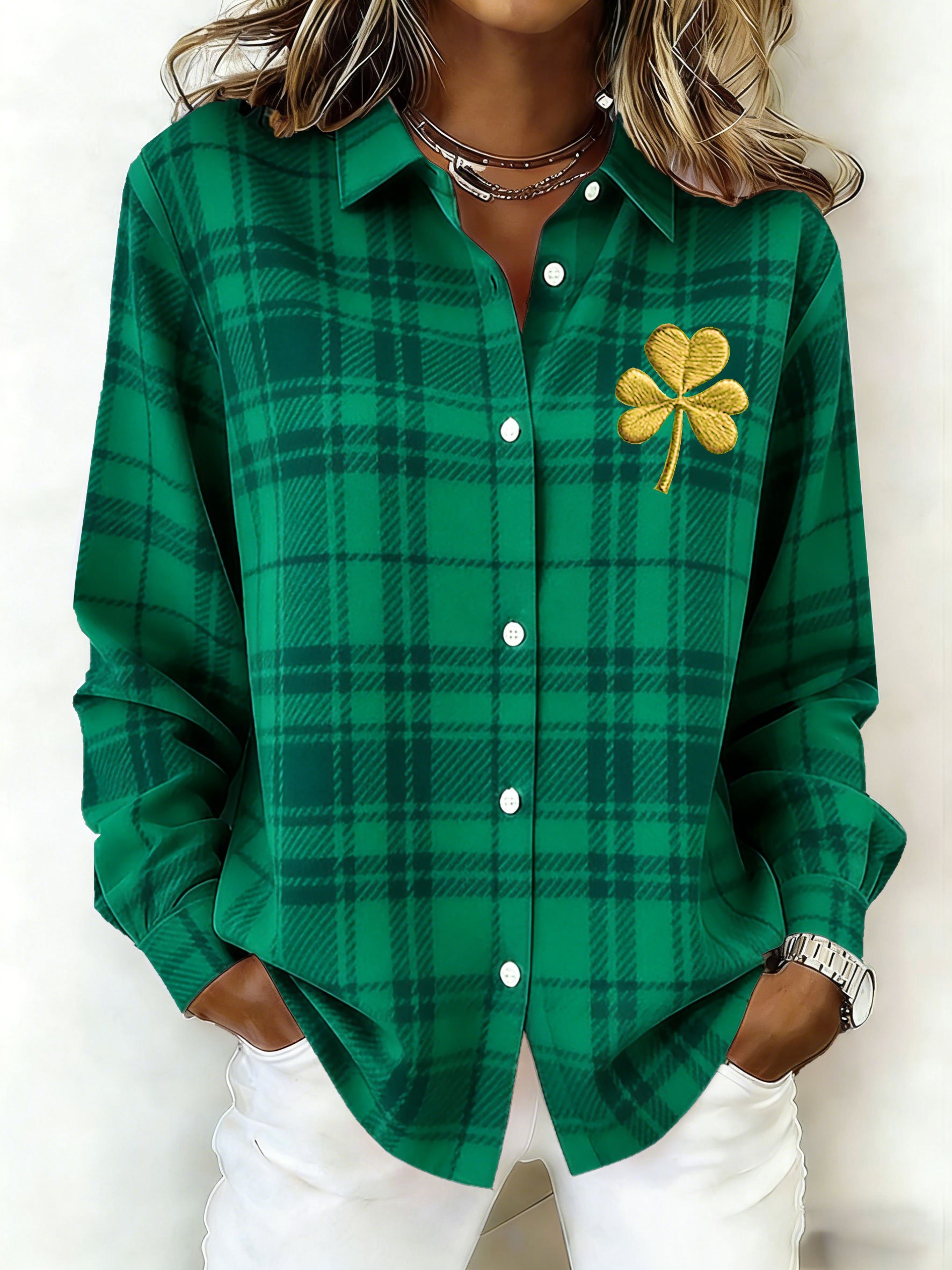 Women's St. Patrick's Day Plaid Print Long-Sleeved Shirt