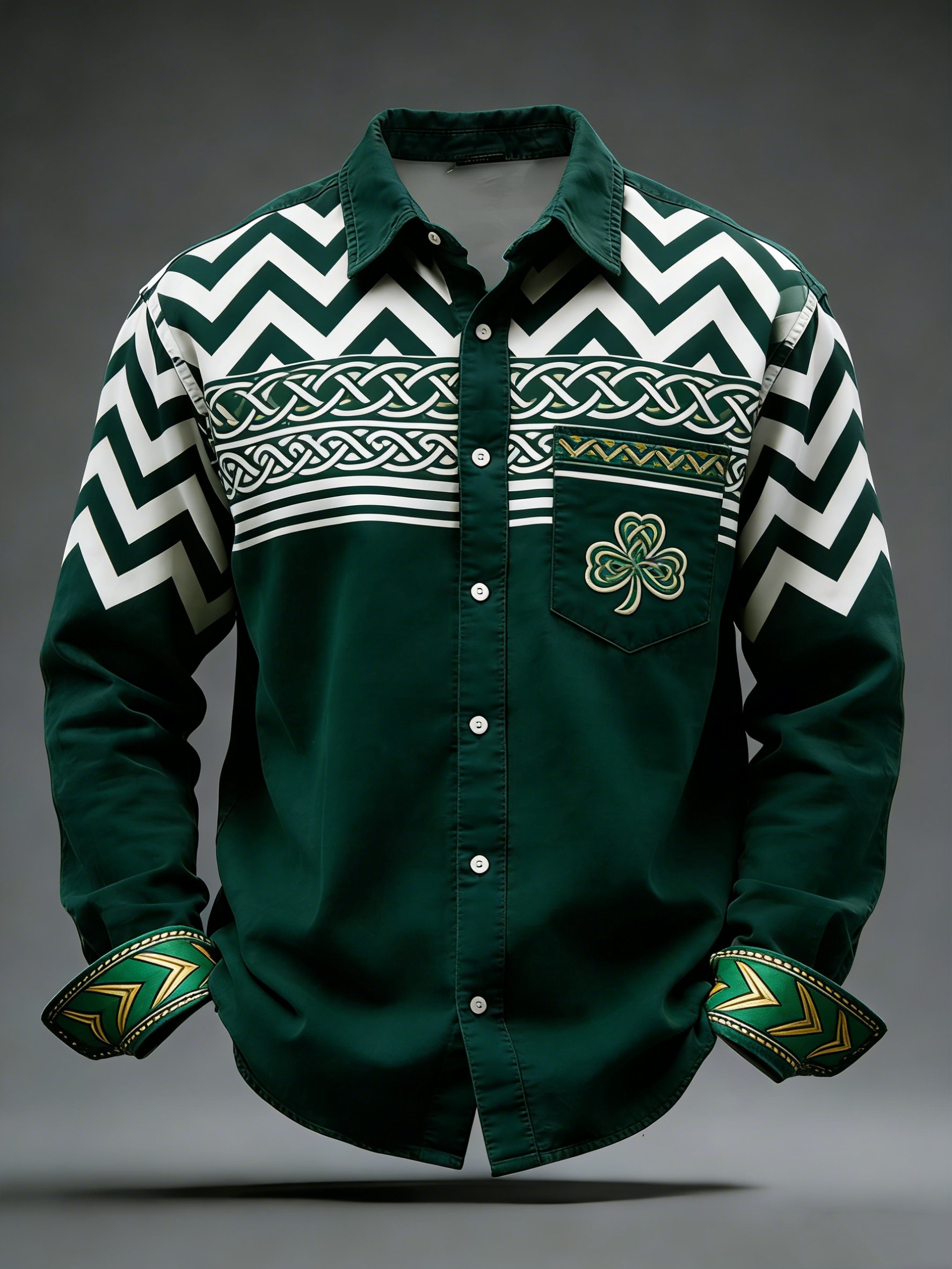 Men's Retro Abstract St. Patrick's Shamrock Celtic Knot Print Shirt