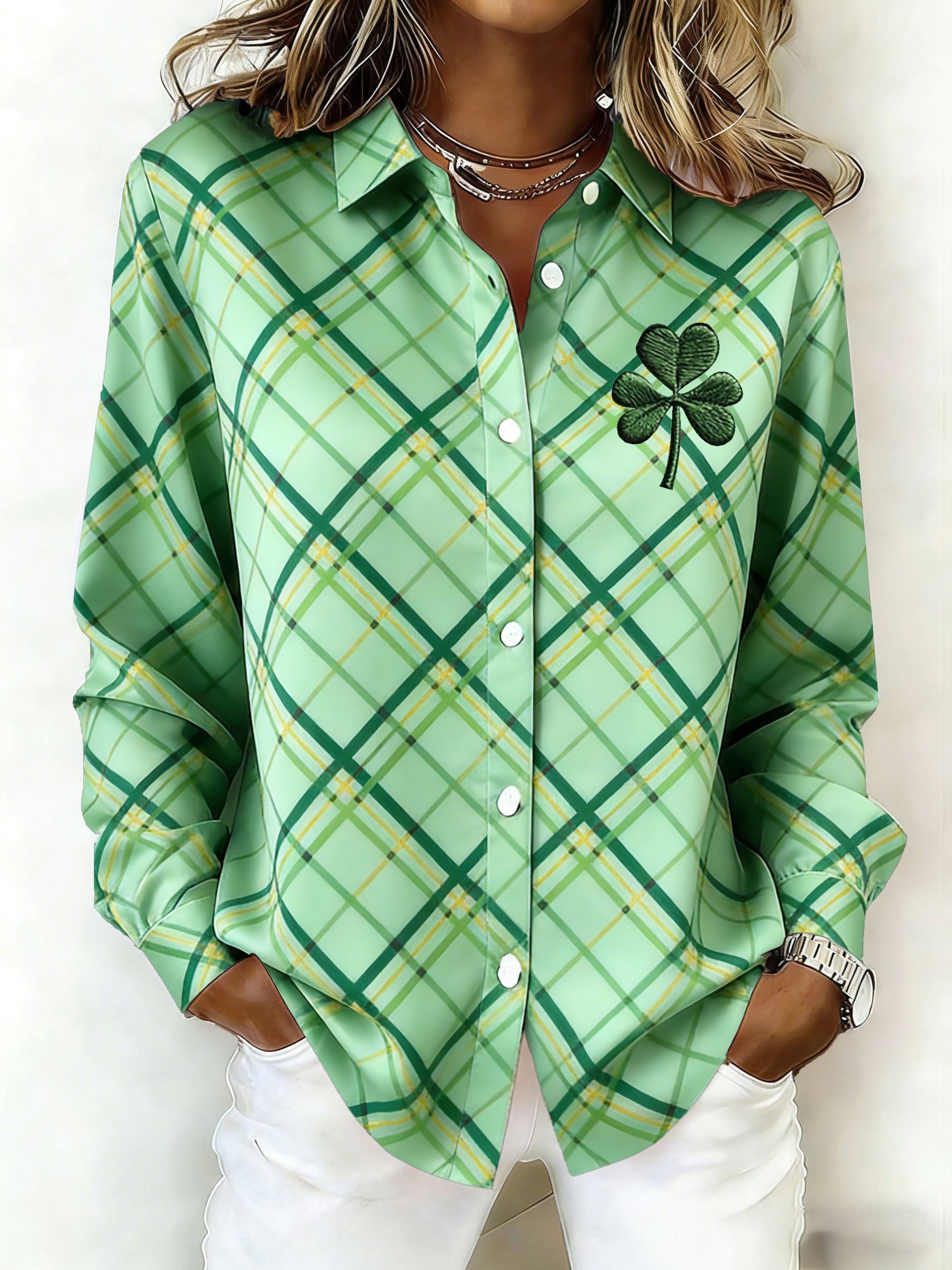Women's St. Patrick's Day Plaid Print Long-Sleeved Shirt