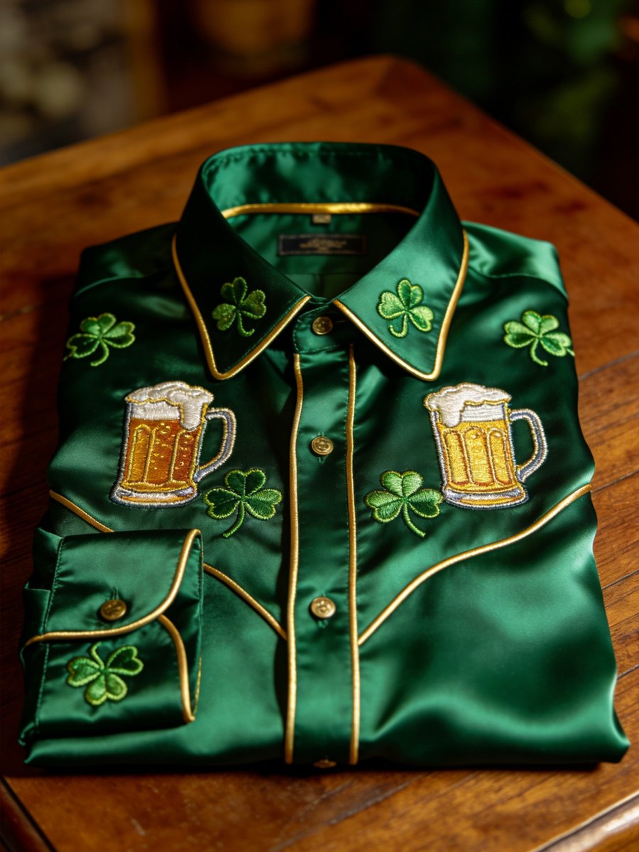 Men's Luxury St. Patrick's Day Shamrock Print Long-Sleeve Shirt