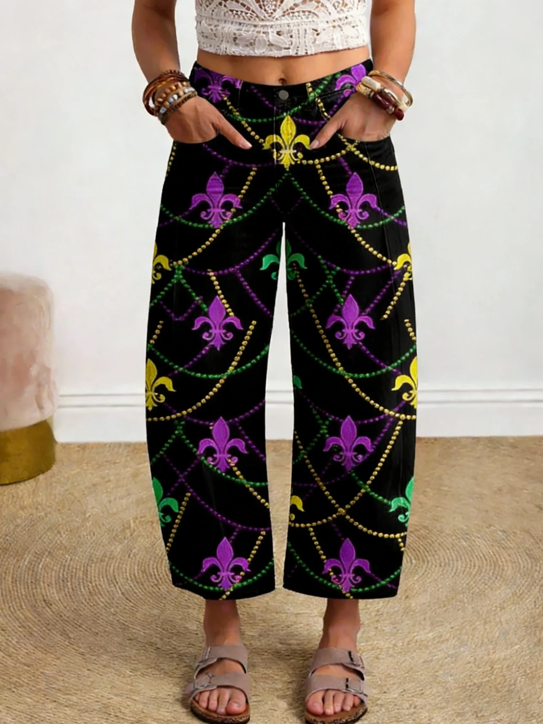 Women's Vintage Mardi Gras Print Wide Leg Trousers