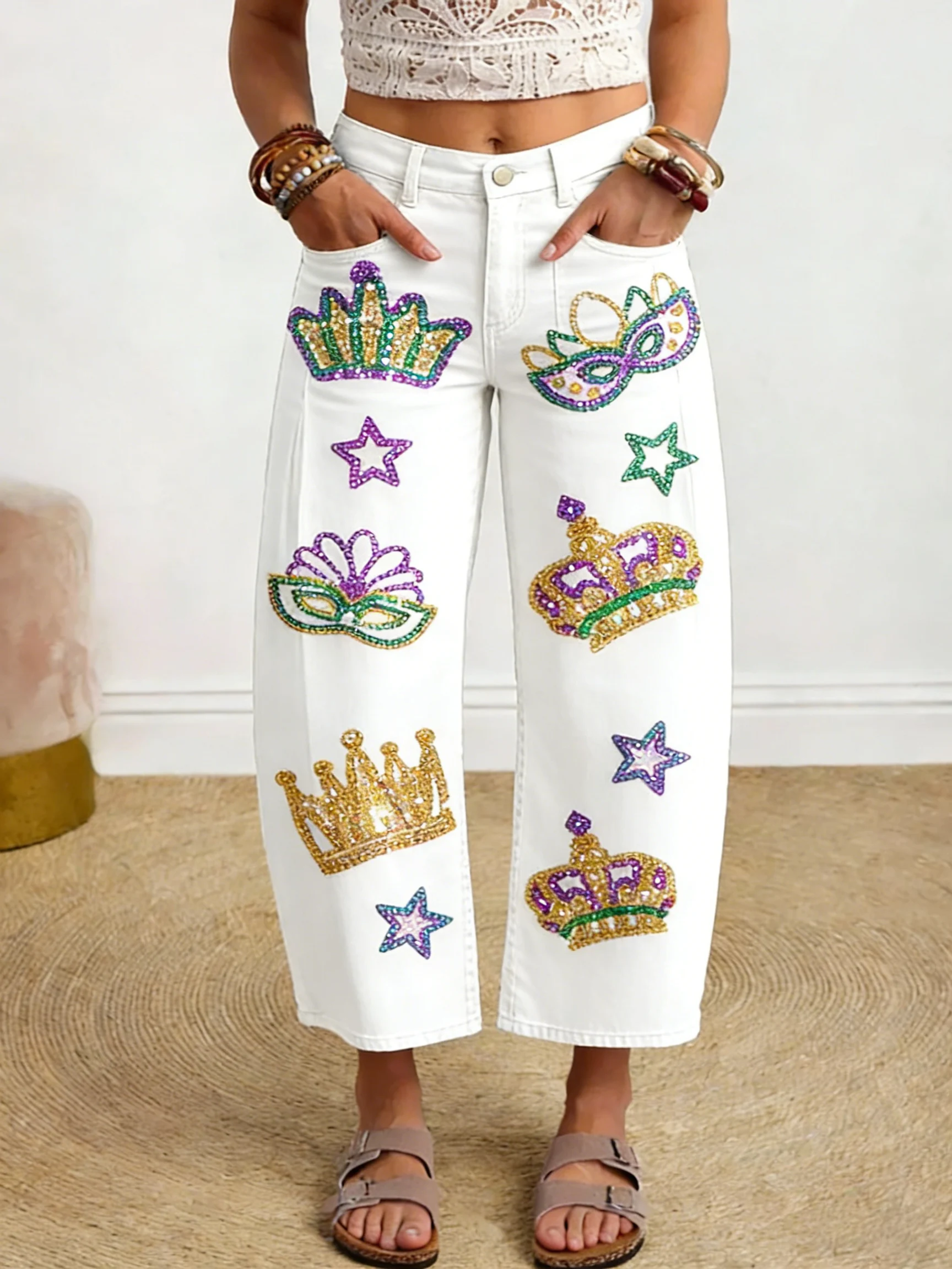 Women's Vintage Mardi Gras Print Wide Leg Trousers