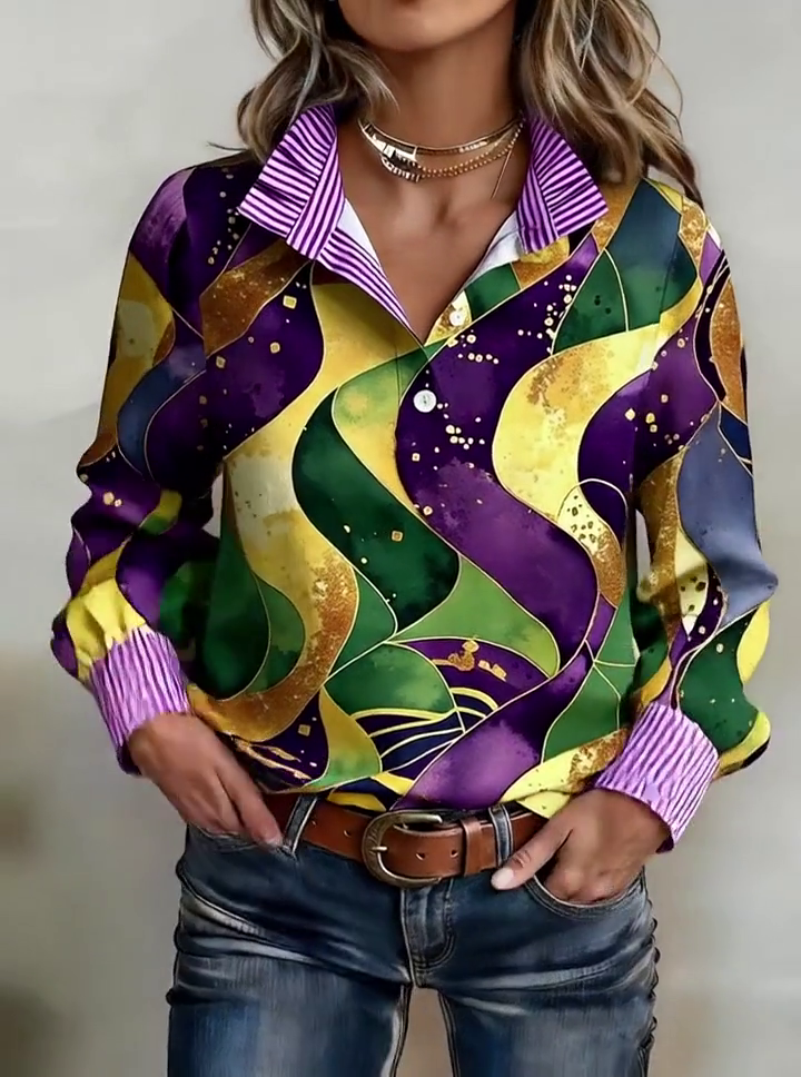 Women'S Casual Color-Block Patchwork Top With Ruffle Trim