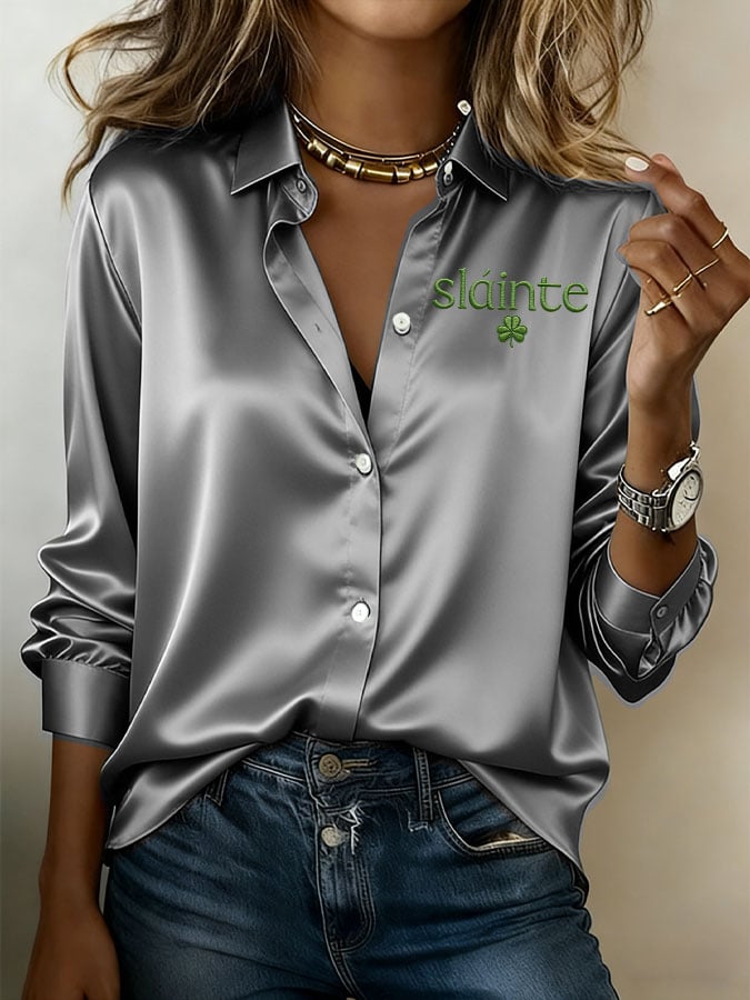 Women's Vintage St. Patrick's Day Print Lapel Satin Fabric Shirt