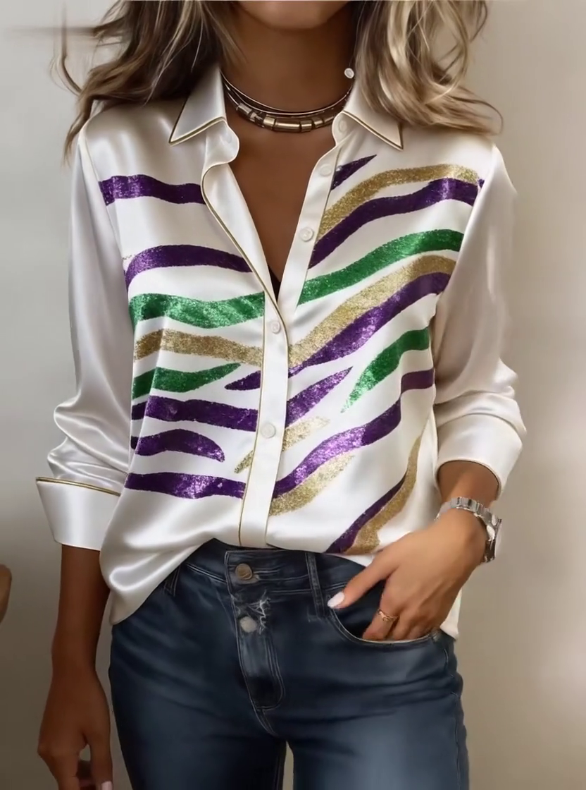 Women'S Casual Lapel Color-Block Printed Shirt