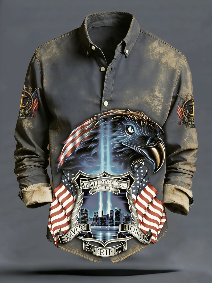 Men's vintage commemorative Navy 250th anniversary printed long-sleeved shirt