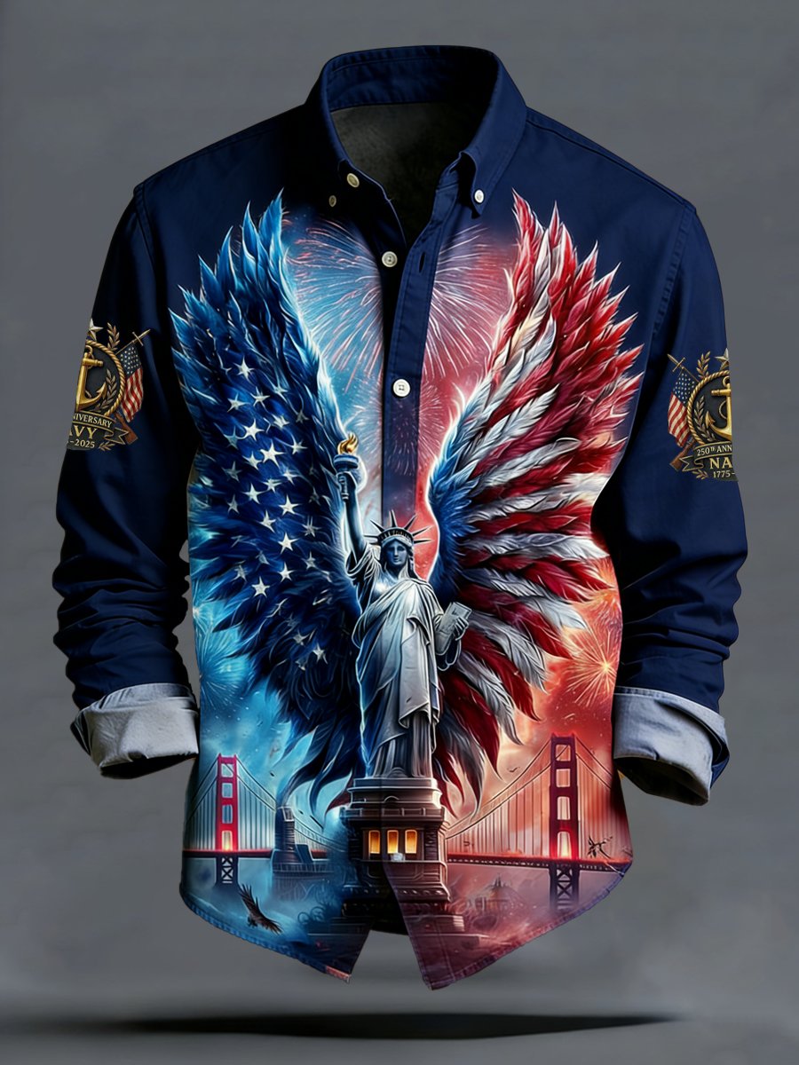 Men's vintage commemorative Navy 250th anniversary printed long-sleeved shirt