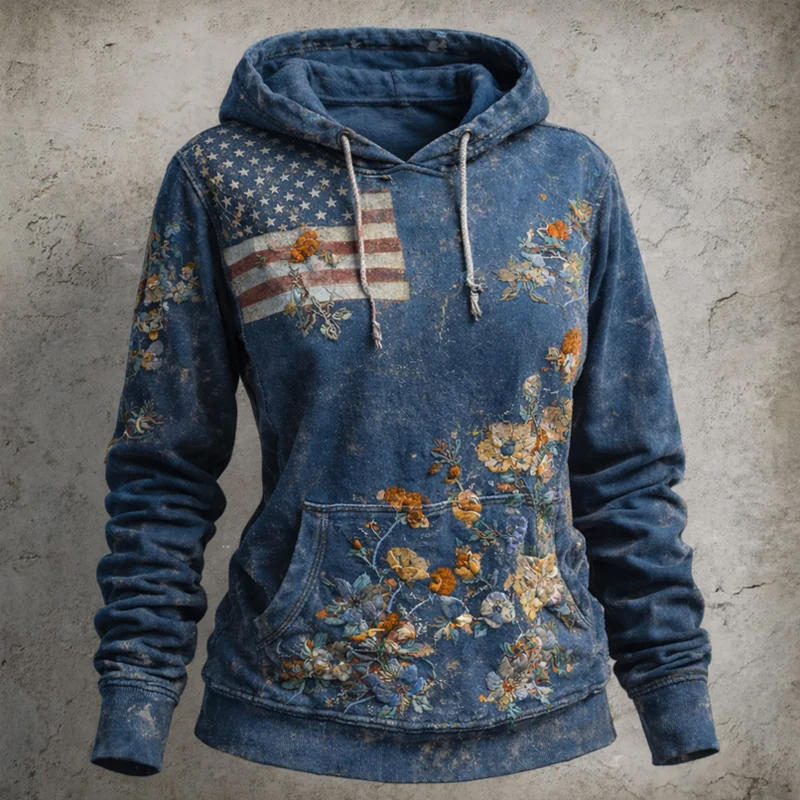 🏆Vintage Denim Embroidered Hoodie💖US 250th Anniversary Edgy Casual Sweatshirt