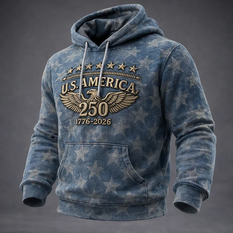 🏆Vintage Denim Embroidered Hoodie💖US 250th Anniversary Edgy Casual Sweatshirt