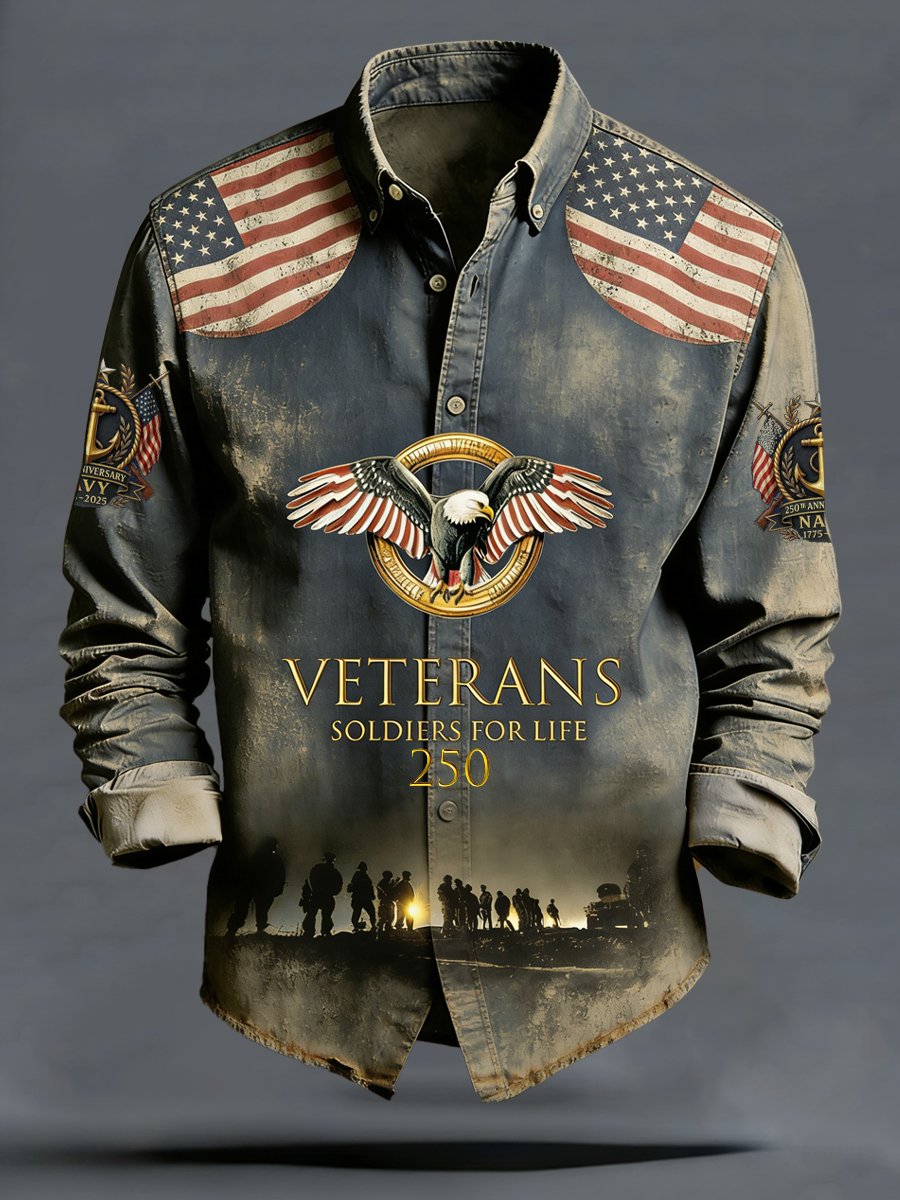 Men's Vintage Veteran - Lifelong Warrior - Commemorating Navy 250th Anniversary Printed Long-Sleeve Shirt
