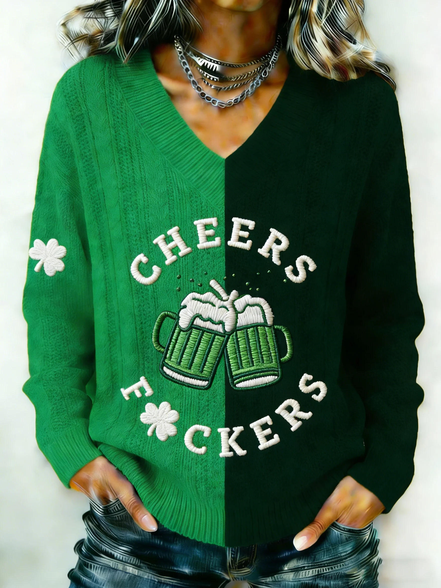 Women's Retro St. Patrick's Day Cheers F*ckers Print Knit Sweater