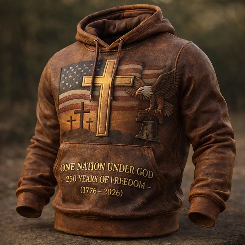 🏆Vintage Denim Embroidered Hoodie💖US 250th Anniversary Edgy Casual Sweatshirt