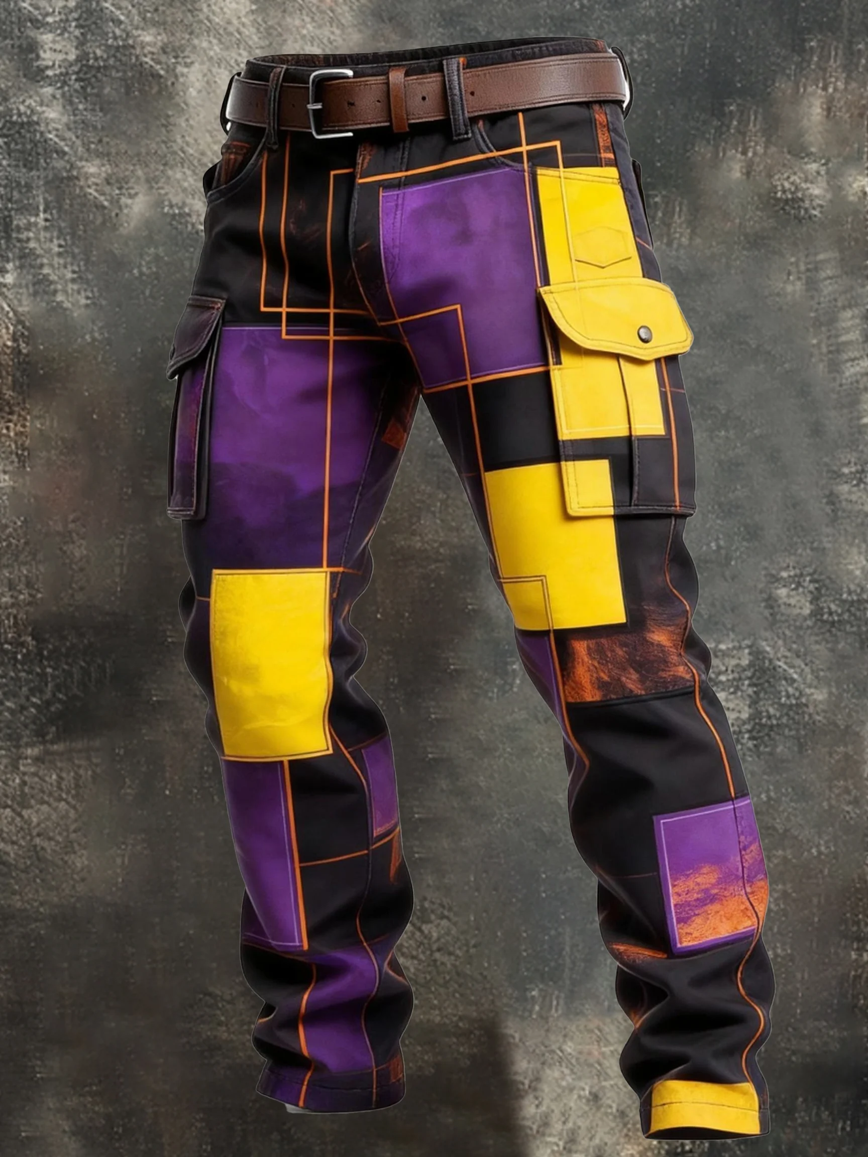 Men's Retro Color Block Distressed Pocket Cargo Pants