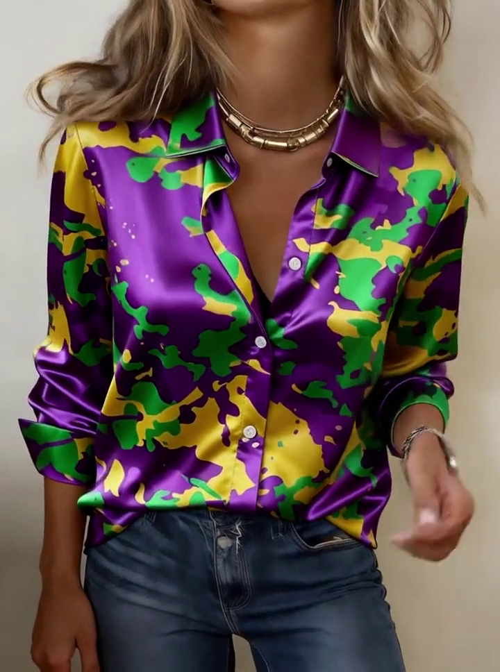 Women'S Casual Lapel Color-Block Printed Shirt