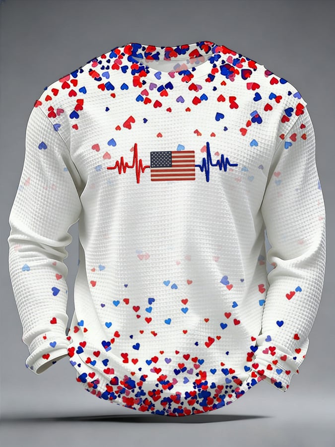 Men's casual American heartbeat waffle-knit long-sleeved T-shirt