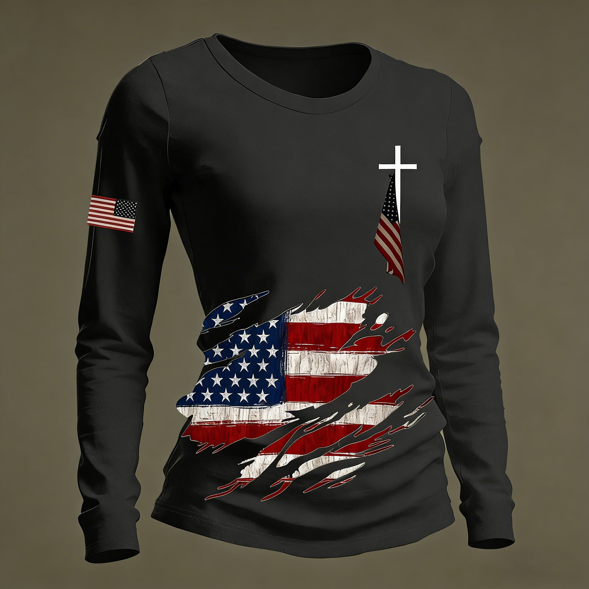 Women's Vintage American Flag Print Long-Sleeved T-Shirt