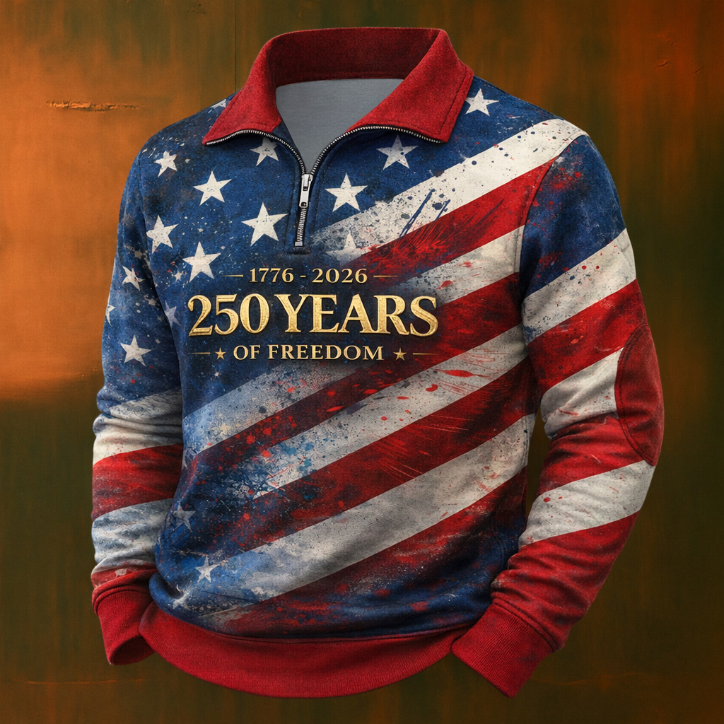 US 250th Anniversary Print Casual Zip-Up Sweatshirt