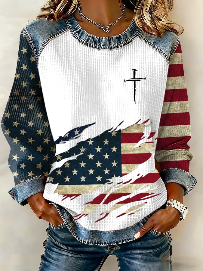 Women's Cross And Flag Print Printed Sweatshirt