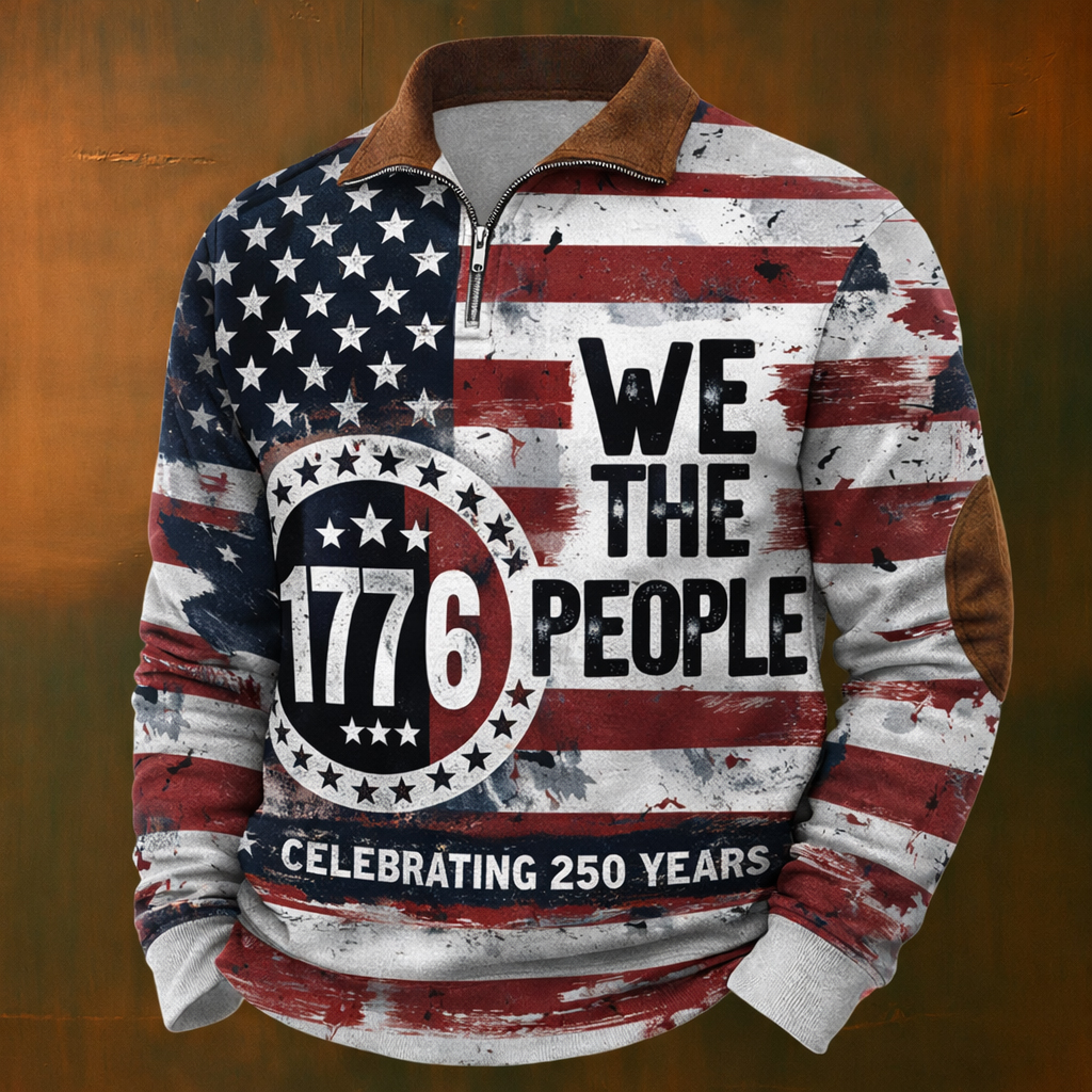 US 250th Anniversary Print Casual Zip-Up Sweatshirt