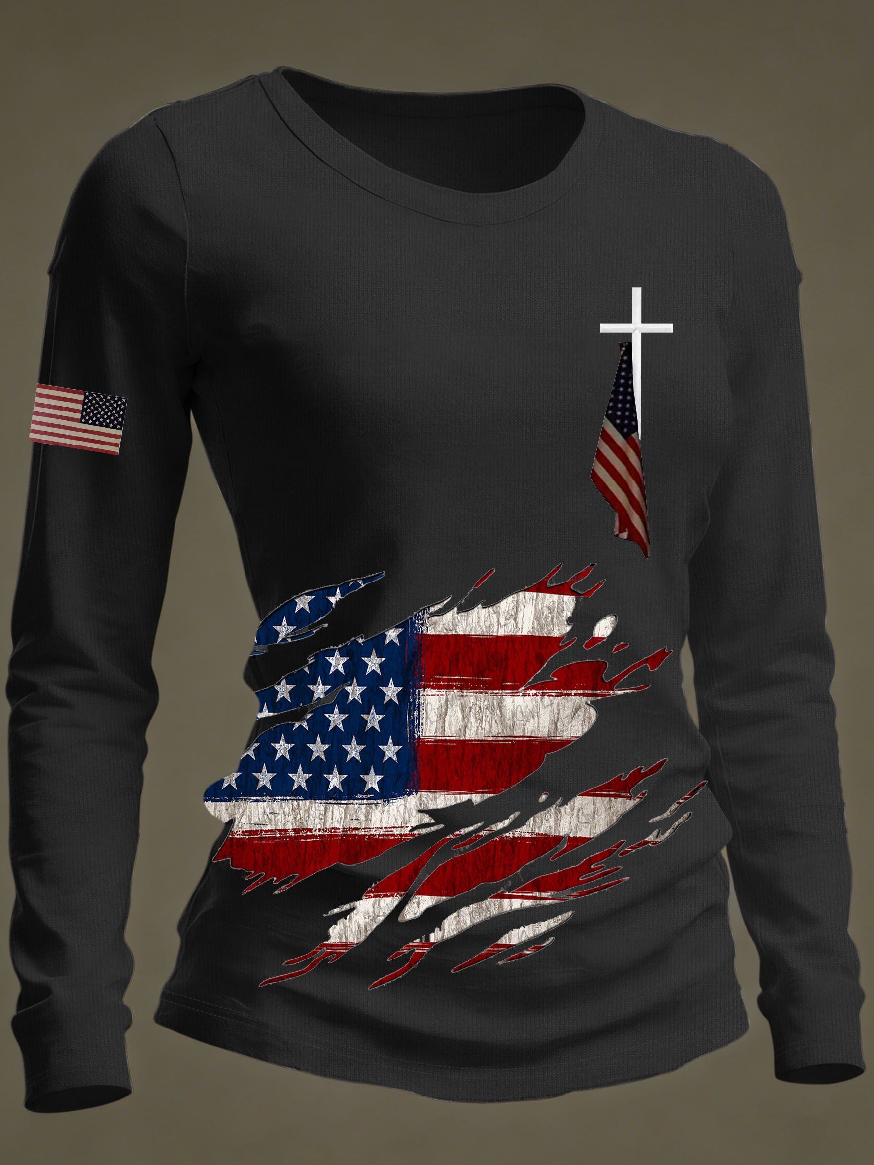Women's Vintage American Flag Print Long-Sleeved T-Shirt