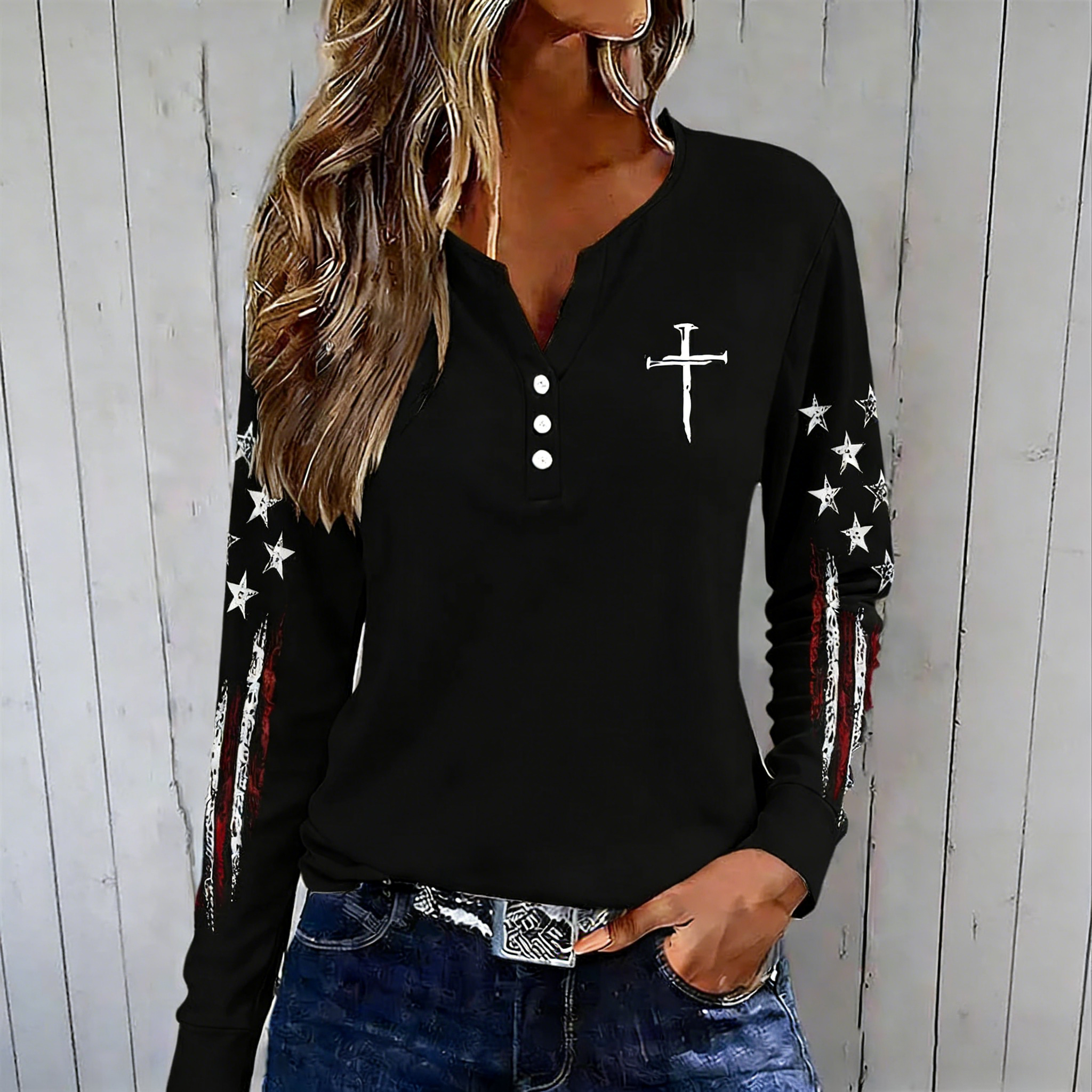 Women's casual retro flag-print button-up sweatshirt