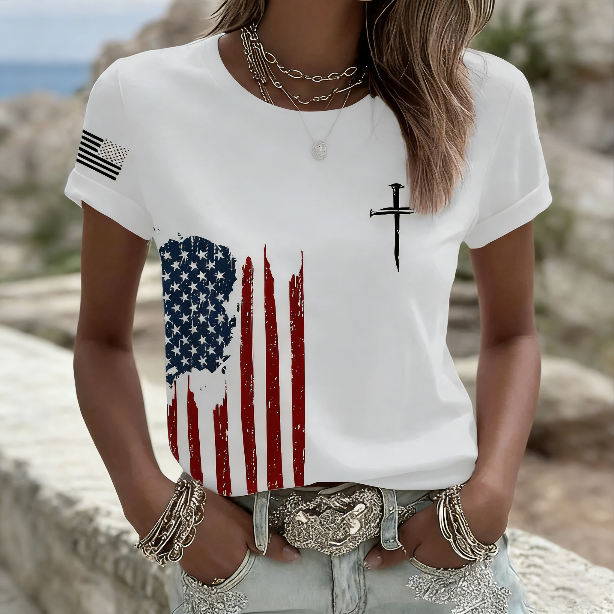 Women's Cross And Flag Print T-shirt