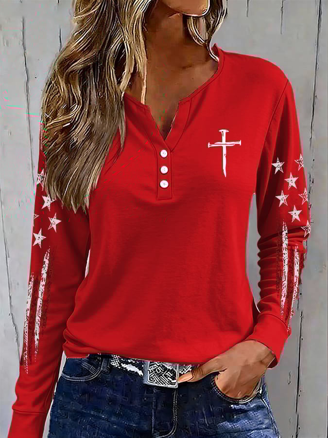 Women's casual retro flag-print button-up sweatshirt