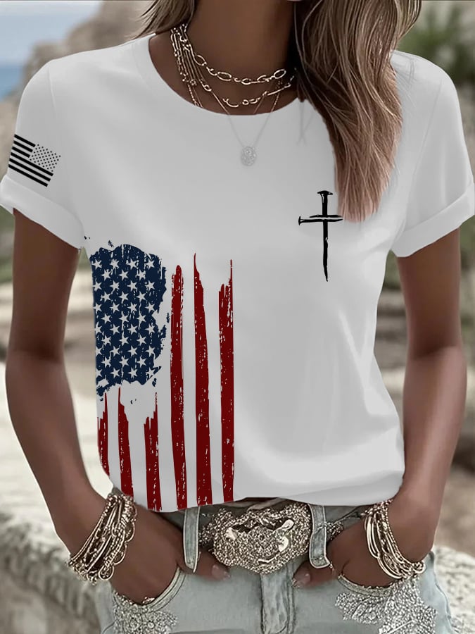 Women's Cross And Flag Print T-shirt