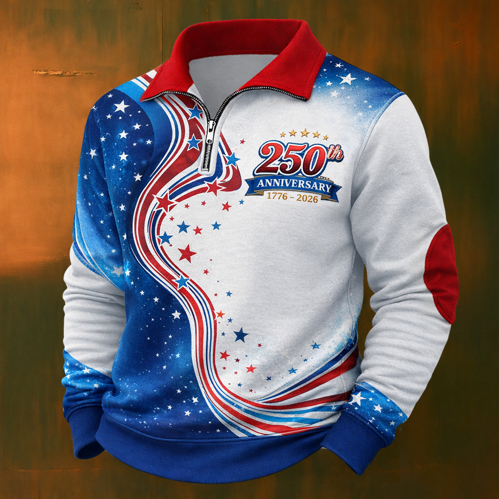 US 250th Anniversary Print Casual Zip-Up Sweatshirt