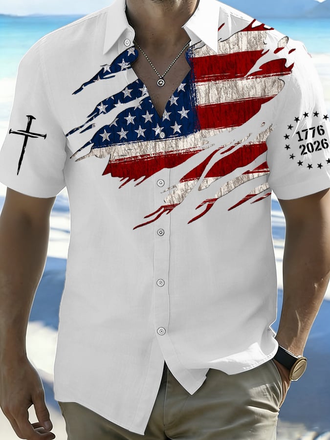 Men's 250th Anniversary National Flag Print Casual Short-Sleeved Shirt