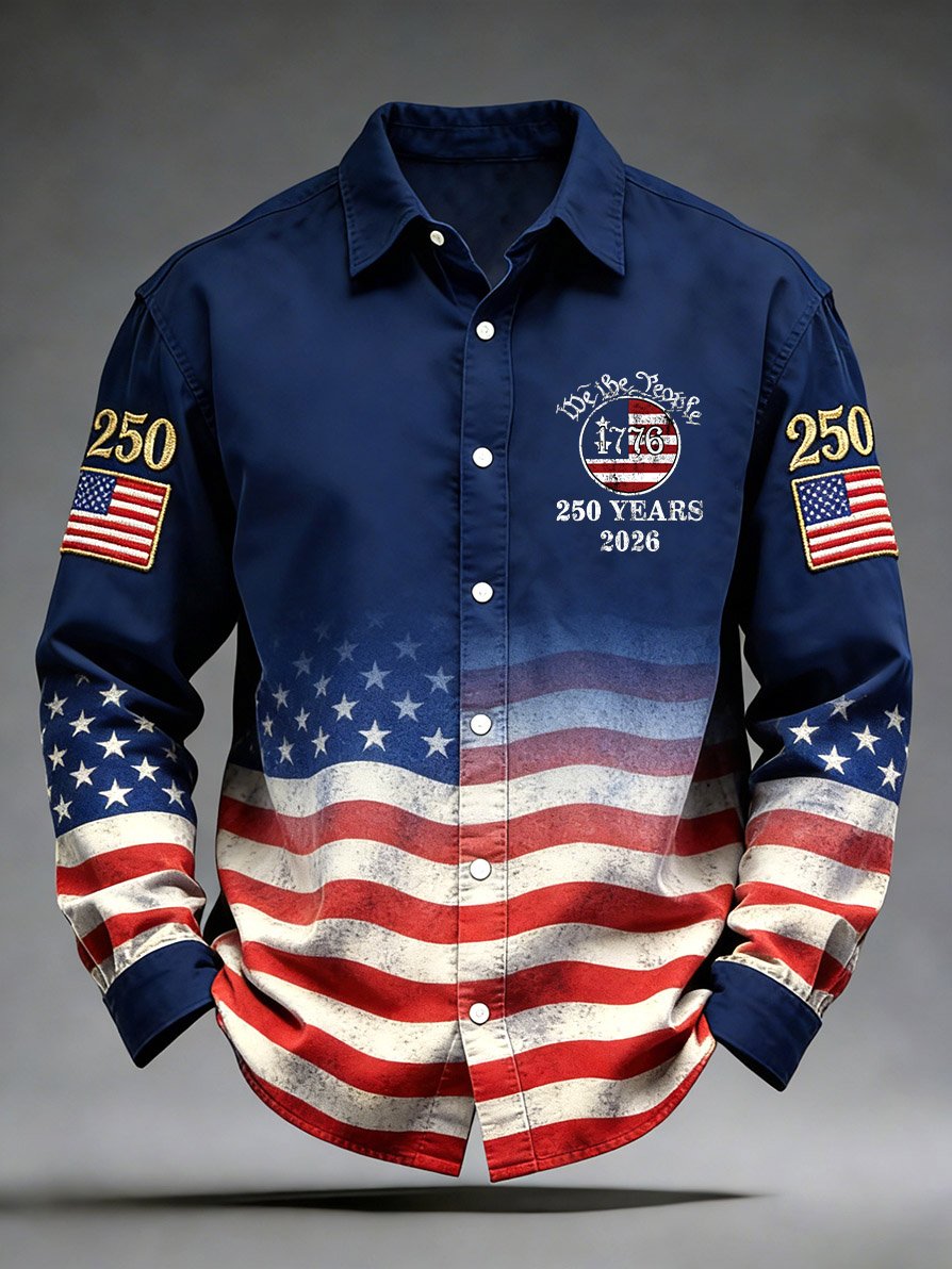 Men's Retro 250th Anniversary American Flag Long-Sleeve Shirt
