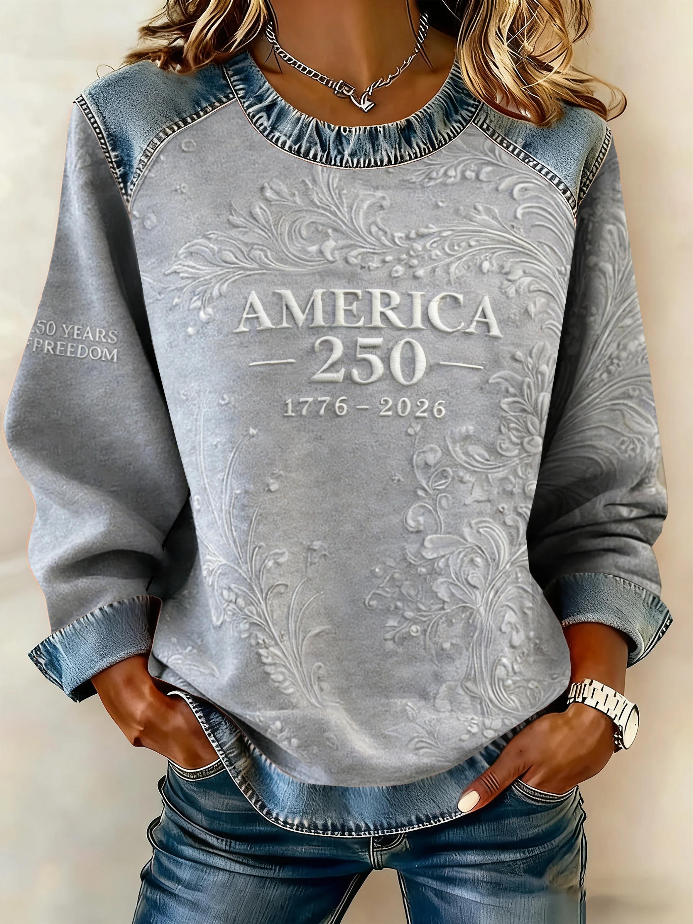 Women's American 250th Anniversary Print Patchwork Sweatshirt
