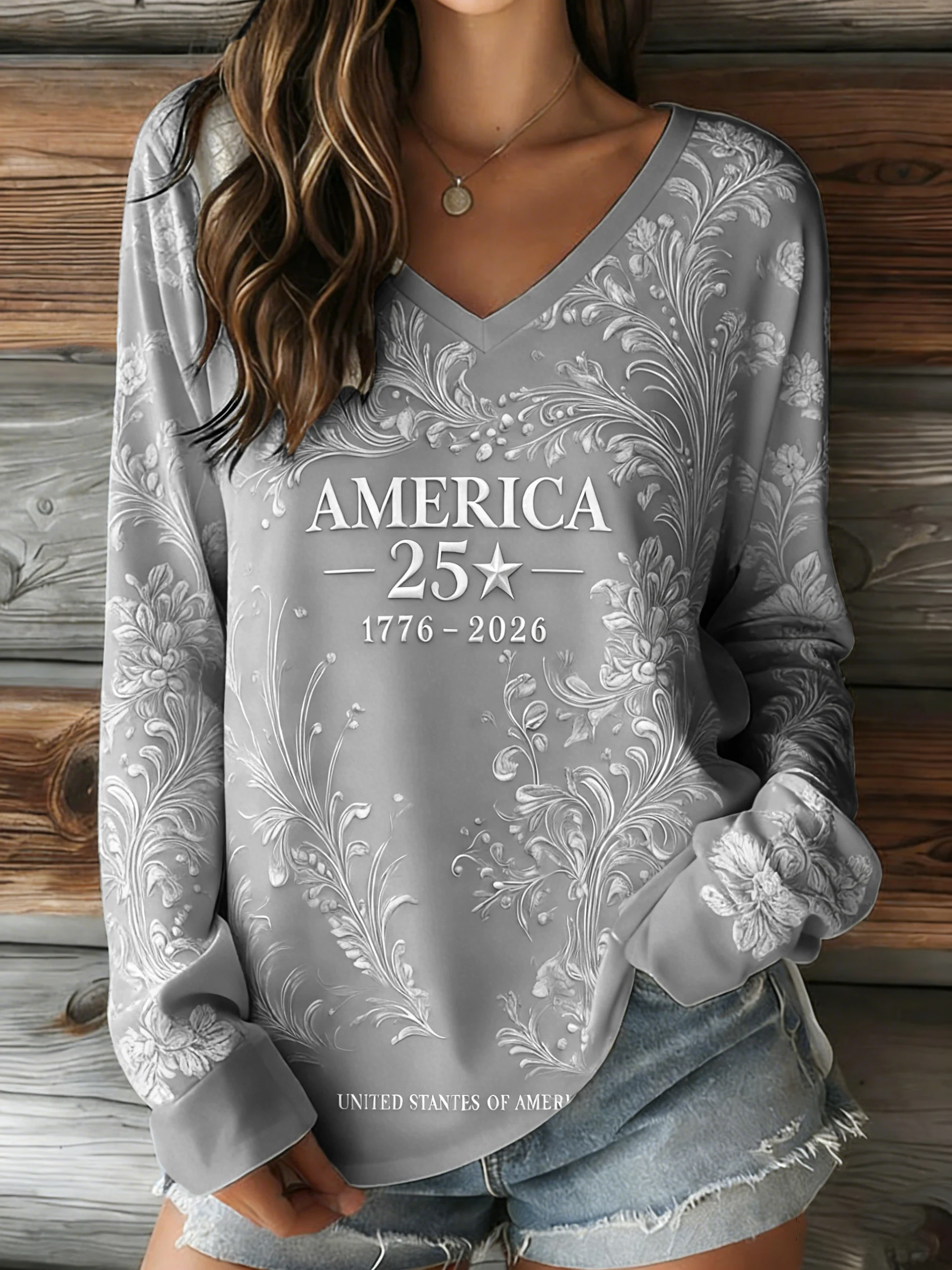 Women's Casual American 250th Anniversary Long-Sleeve Printed T-Shirt
