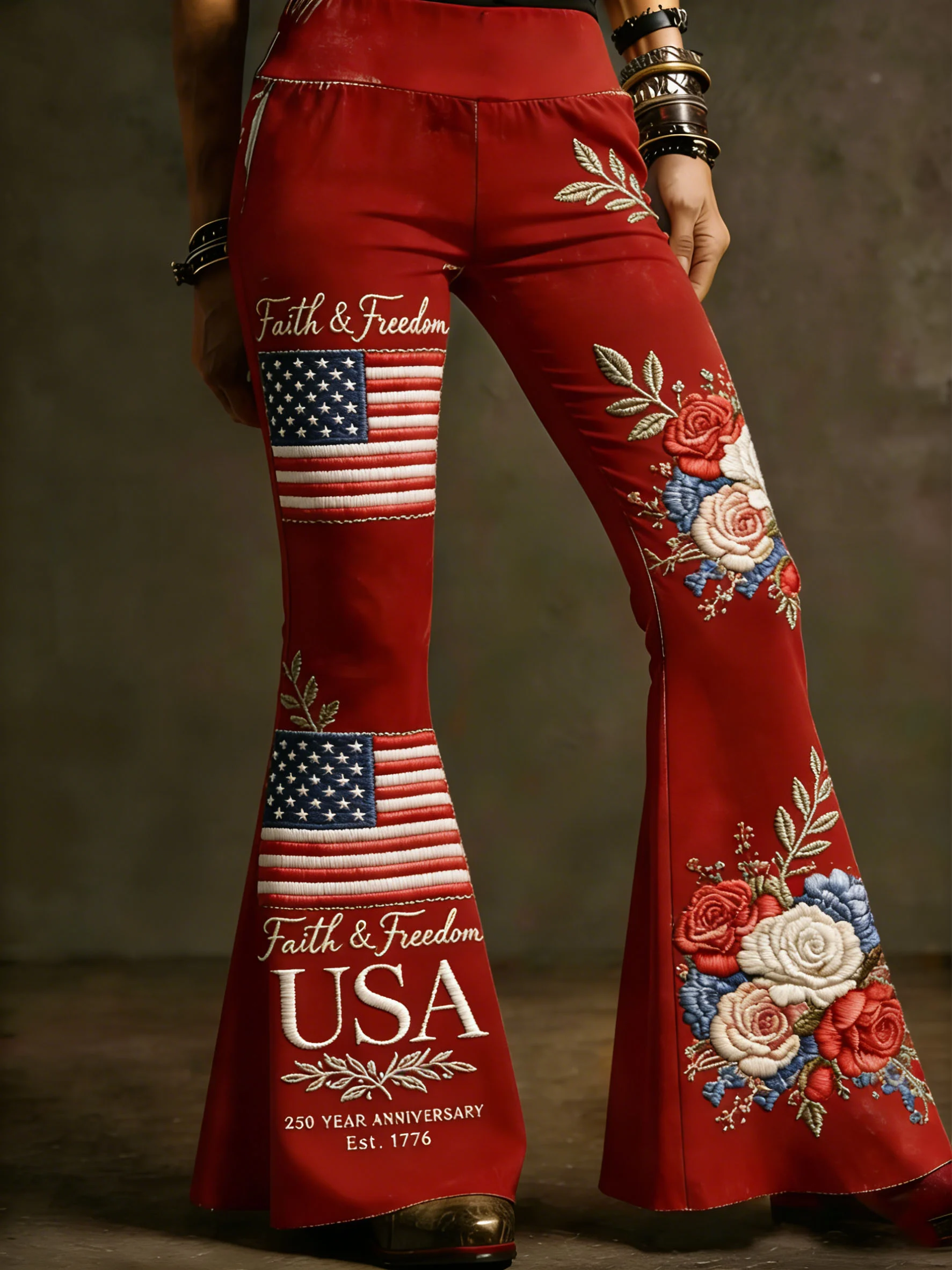 Women's patriotic flared trousers with flag print.